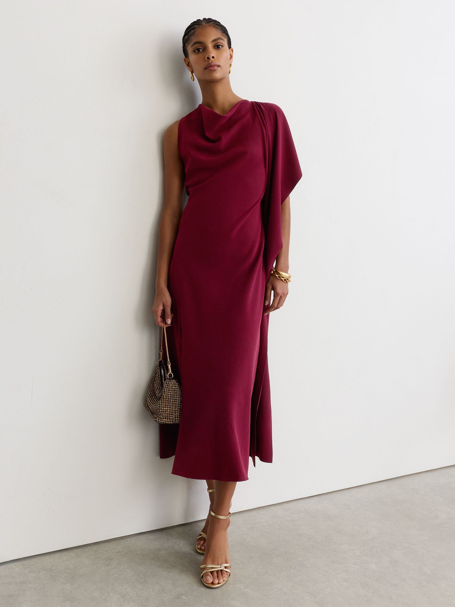 Drape-Detail Cowl-Neck Midi Dress in Red - Image 5 of 7
