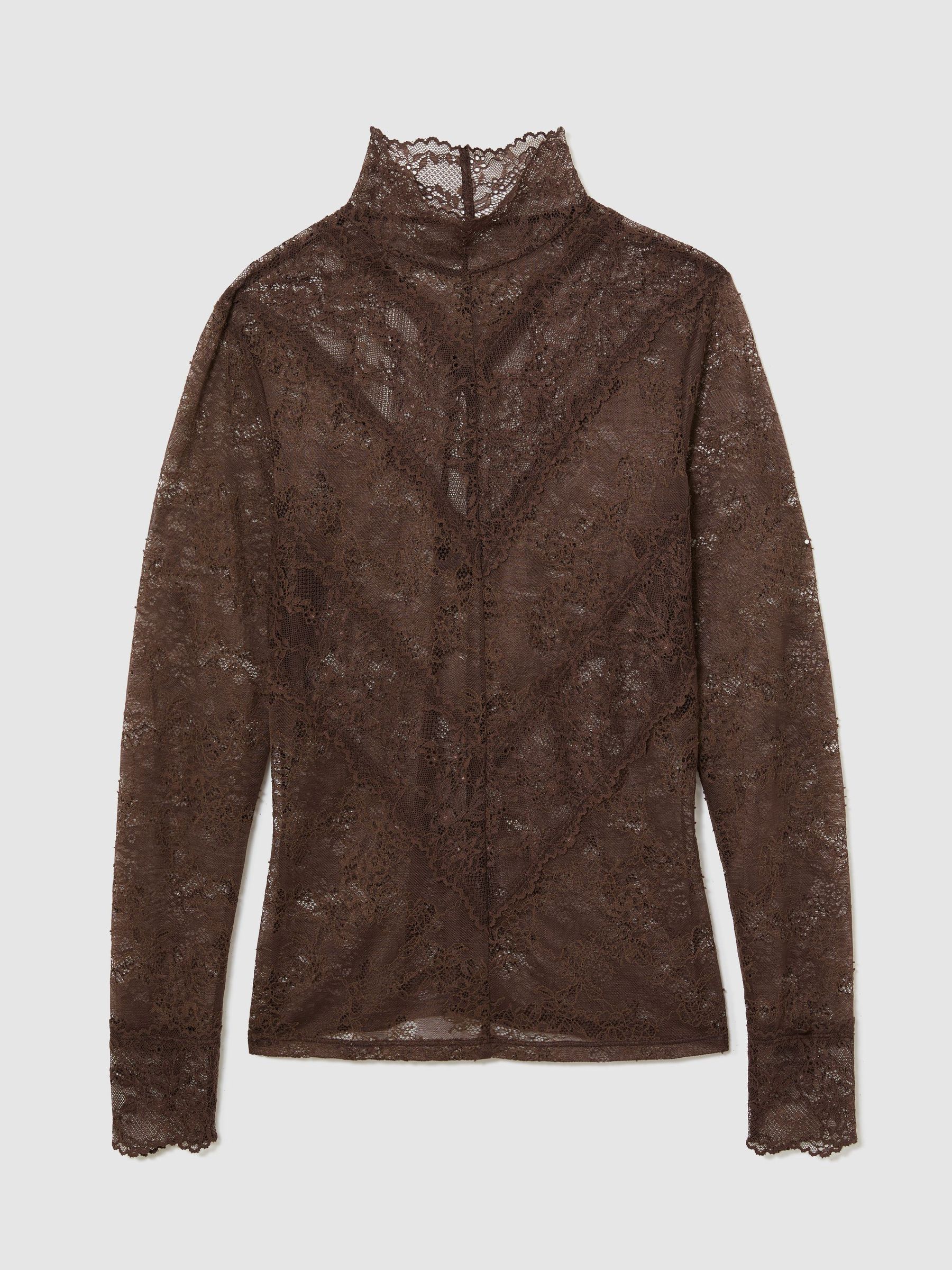 Lace Long-Sleeve High-Neck Top in Mocha Brown - Image 2 of 7