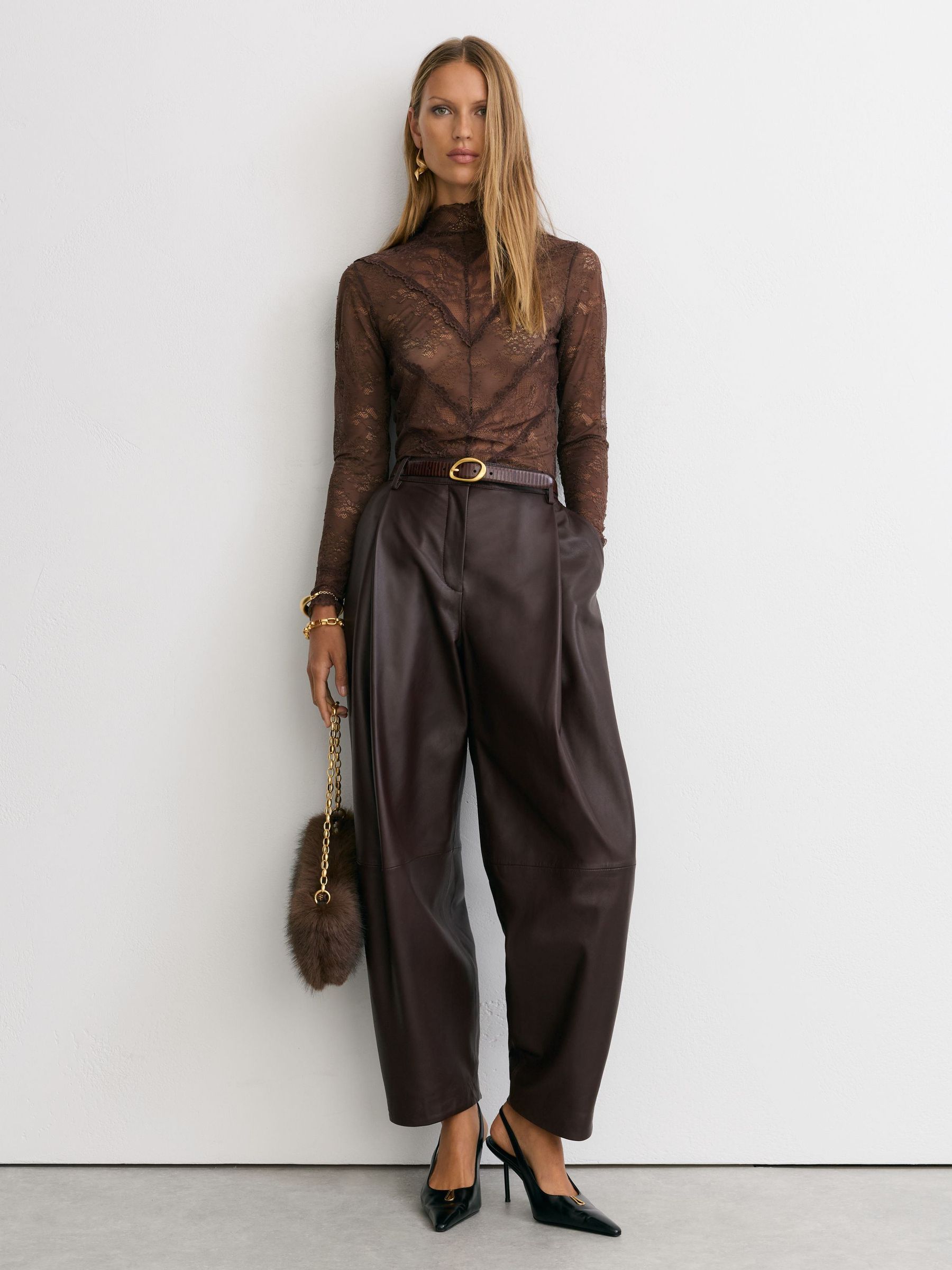 Lace Long-Sleeve High-Neck Top in Mocha Brown - Image 4 of 7