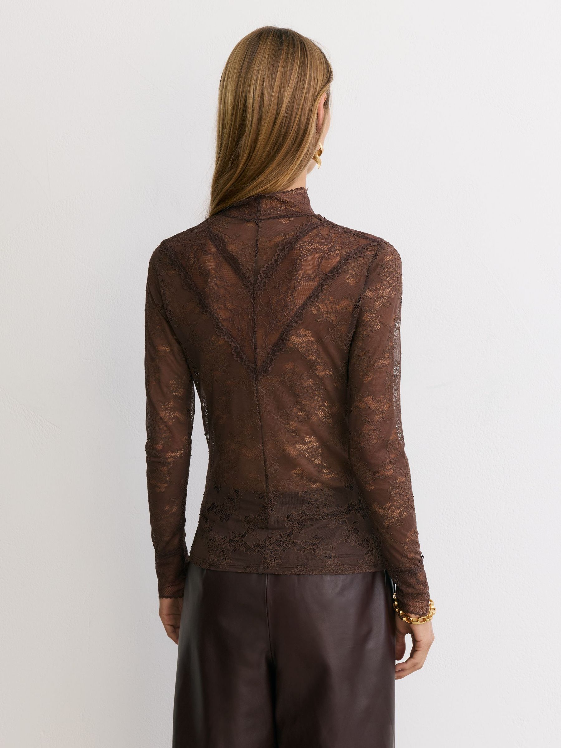 Lace Long-Sleeve High-Neck Top in Mocha Brown - Image 6 of 7