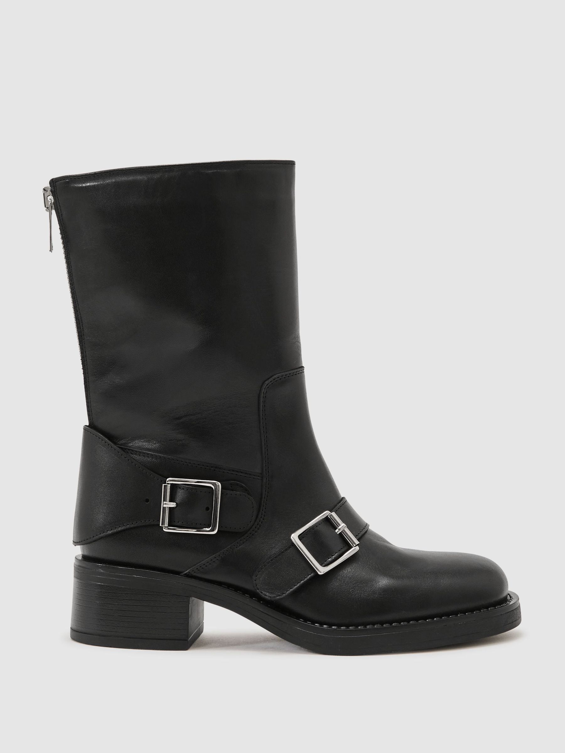 Leather Buckle-Strap Biker Boots in Black - Image 3 of 8