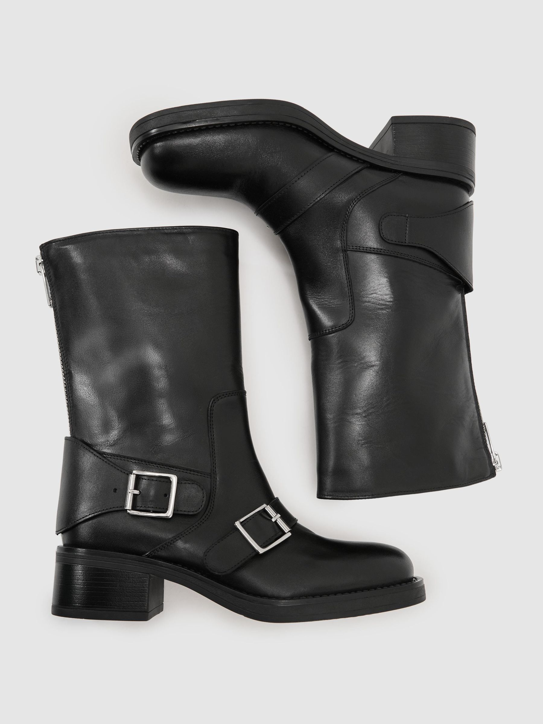 Leather Buckle-Strap Biker Boots in Black - Image 4 of 8
