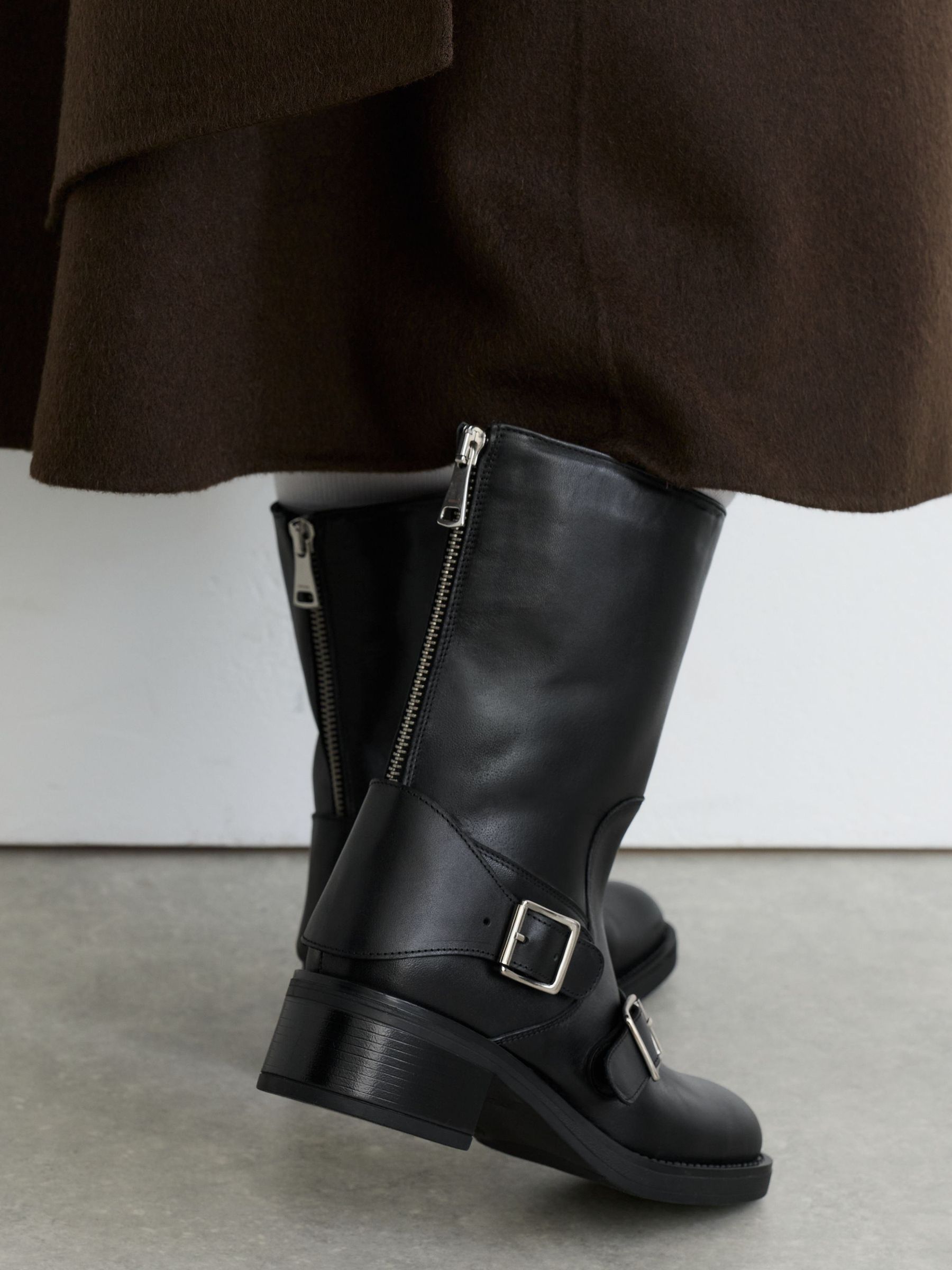Leather Buckle-Strap Biker Boots in Black - Image 5 of 8