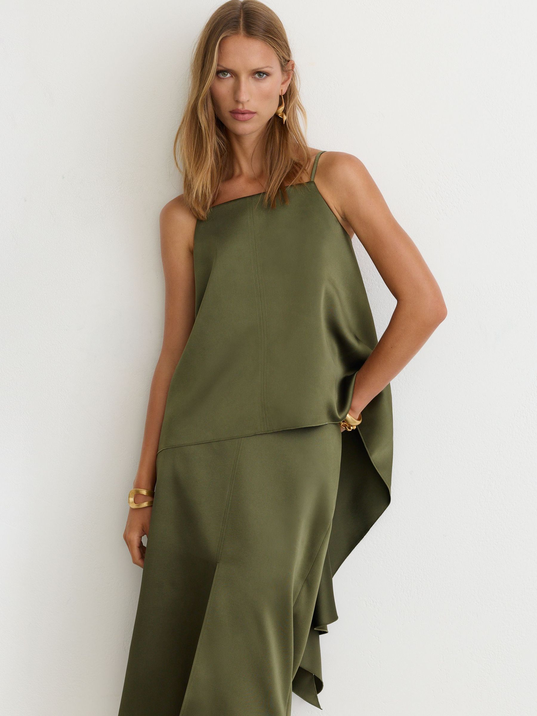 Satin Structured Drape-Back Top in Sage Green - Image 1 of 7