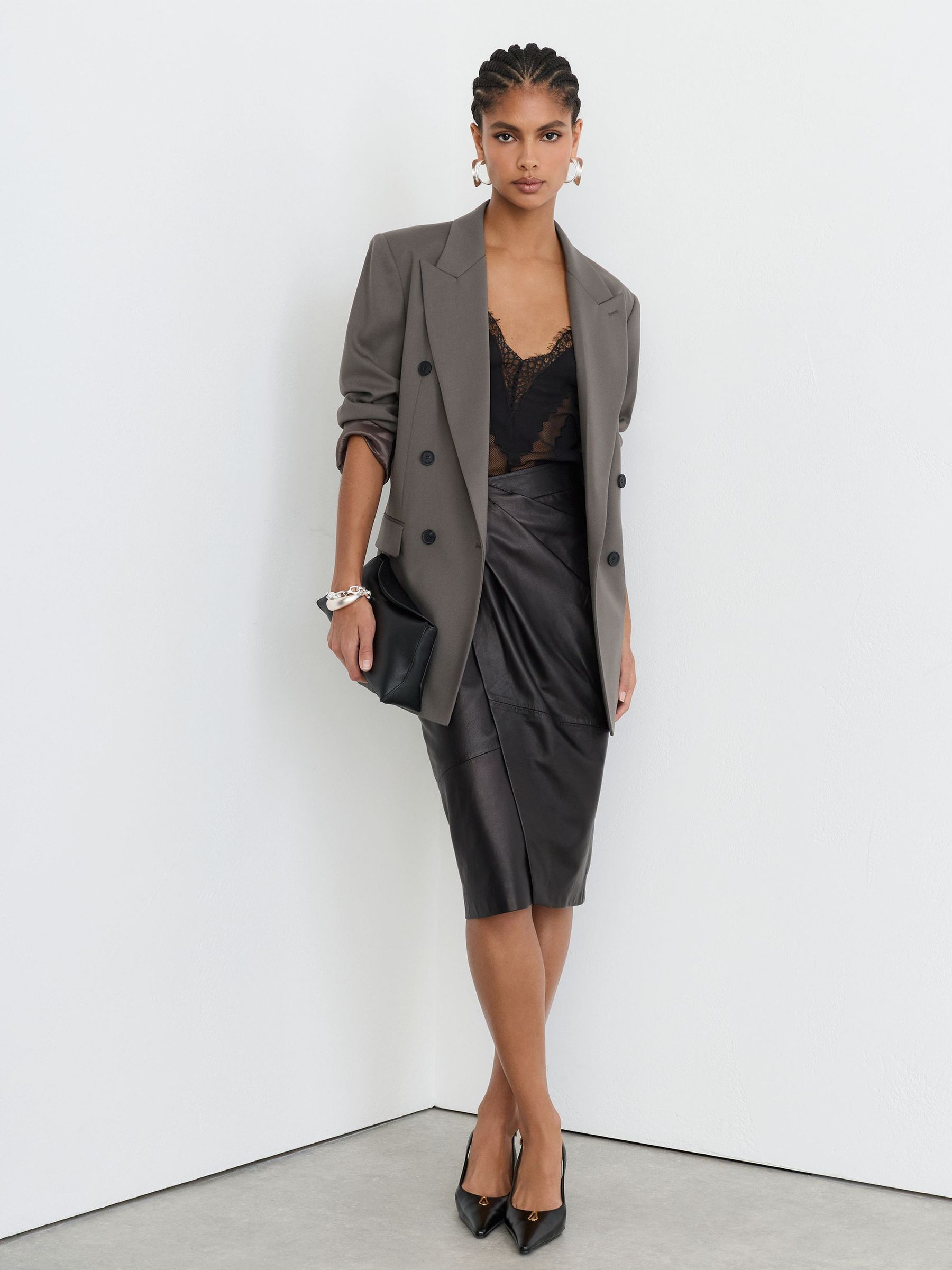Leather Gathered Pencil Midi Skirt in Black - Image 4 of 7