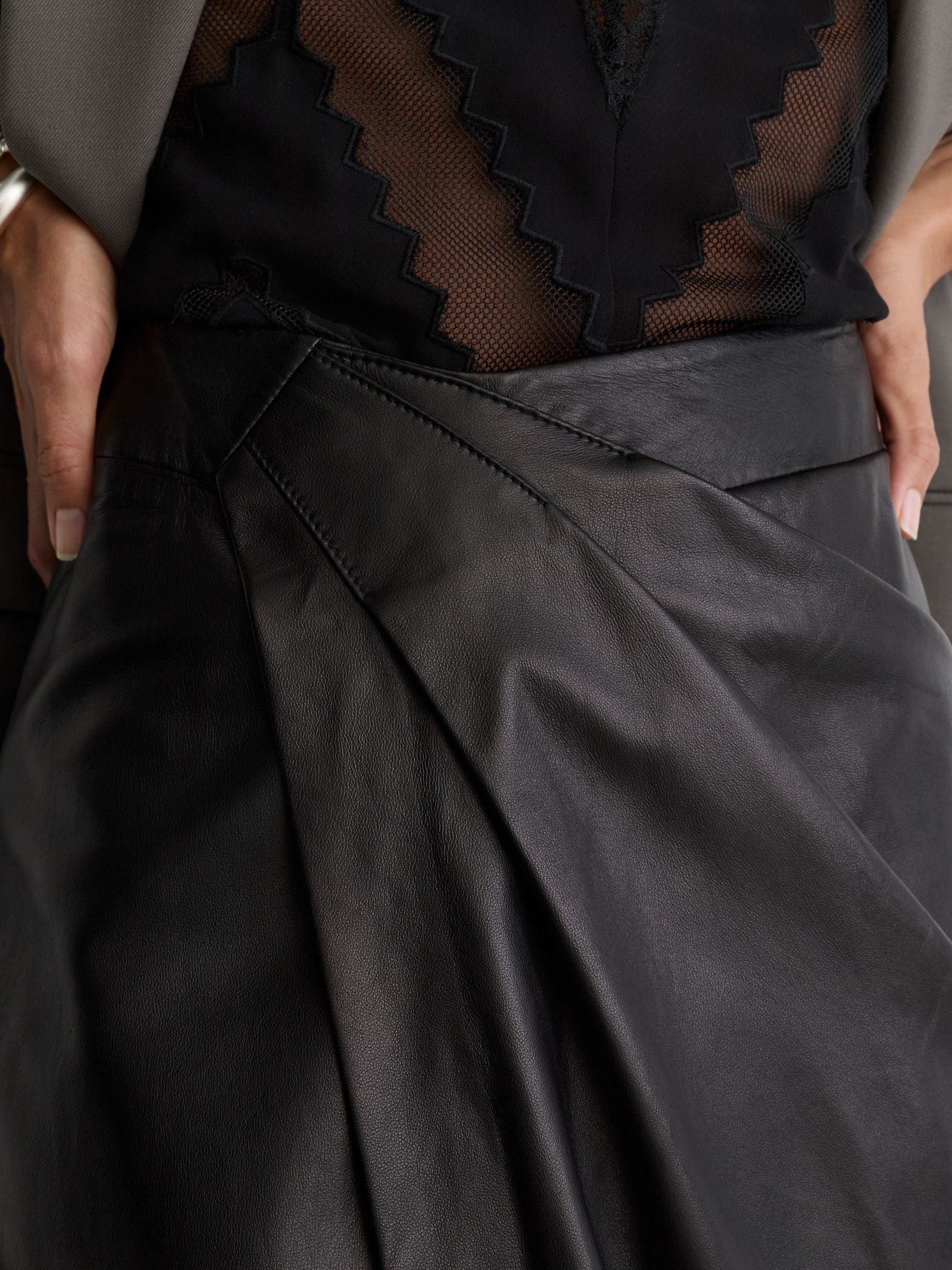 Leather Gathered Pencil Midi Skirt in Black - Image 5 of 7