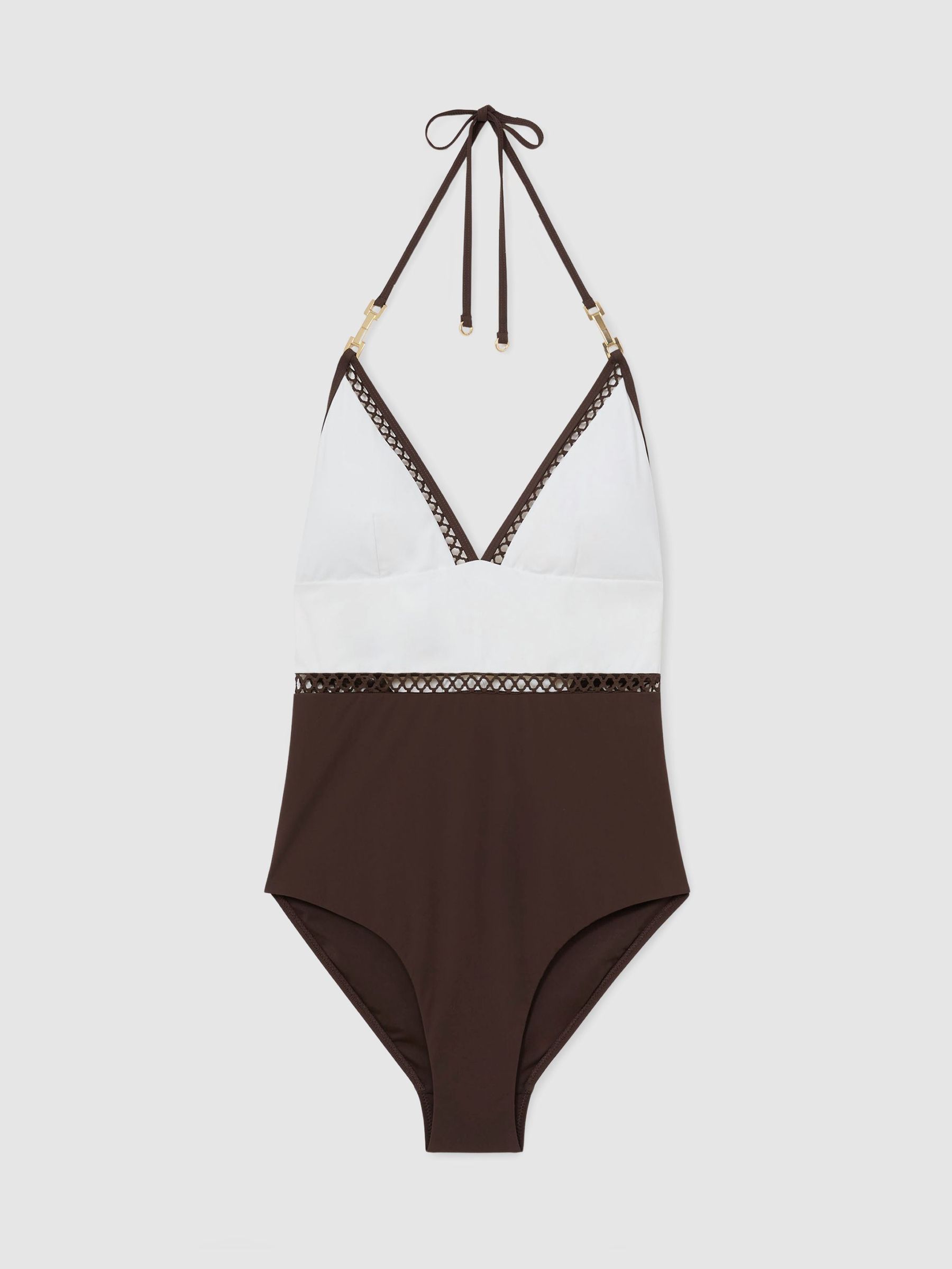 Colour-Block Lattice-Trim Swimsuit in White/Chocolate Brown - Image 2 of 7 Colour-Block Lattice-Trim Swimsuit in White/Chocolate Brown - Image 2 of 7
