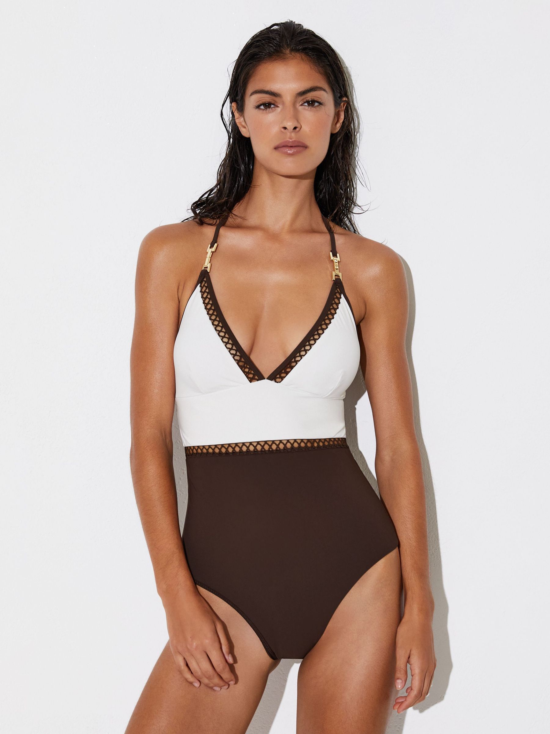 Colour-Block Lattice-Trim Swimsuit in White/Chocolate Brown - Image 3 of 7
