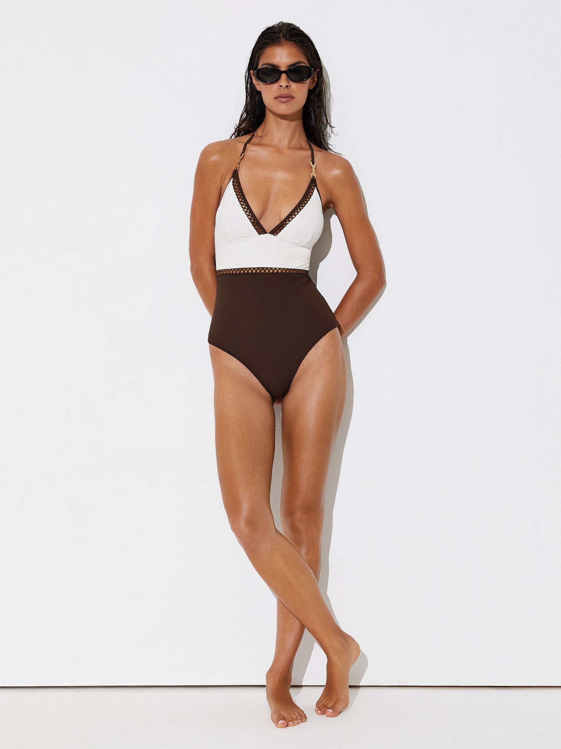 Colour-Block Lattice-Trim Swimsuit in White/Chocolate Brown - Image 4 of 7