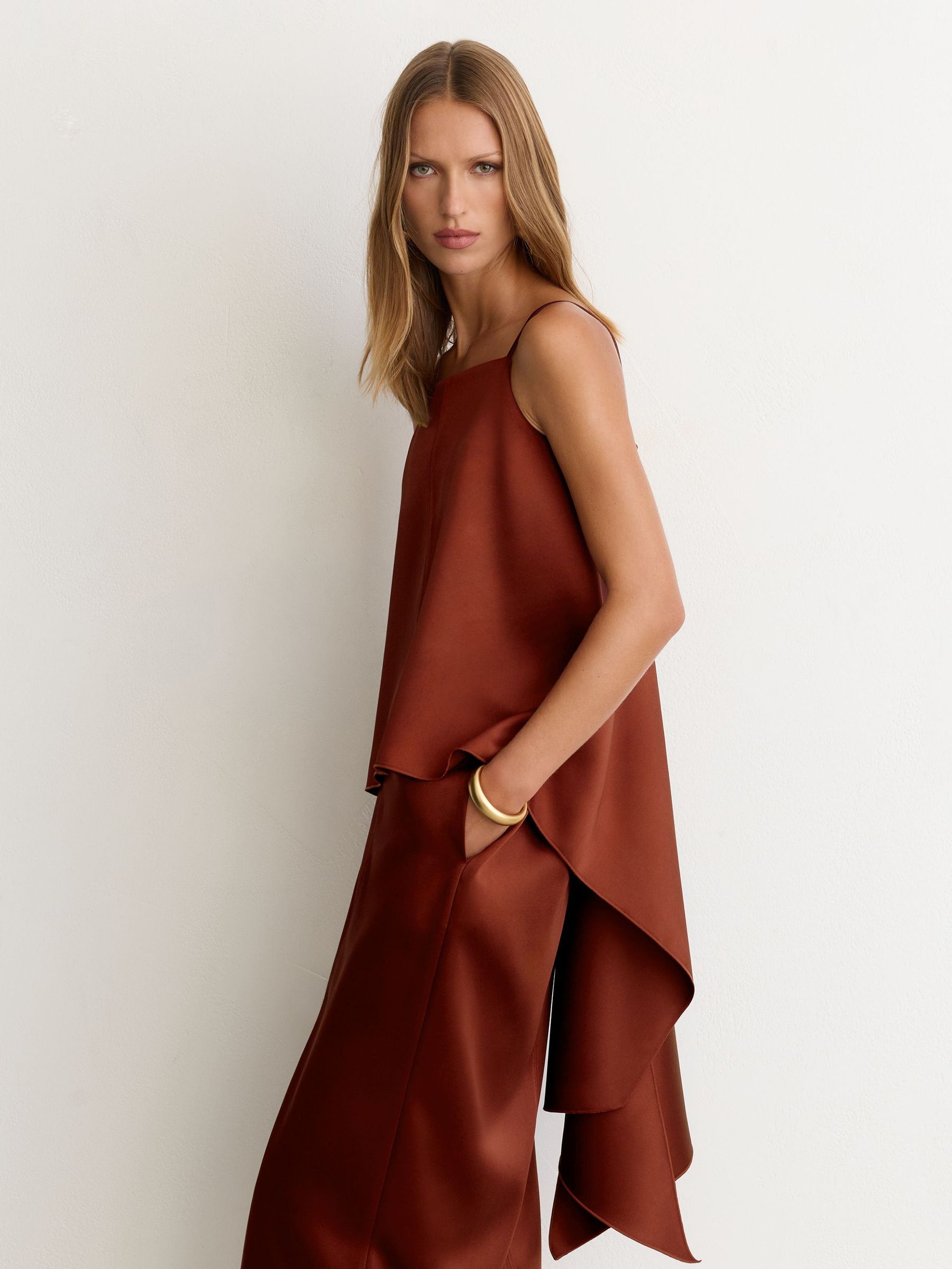 Satin Structured Drape-Back Top in Rust Orange - Image 1 of 7