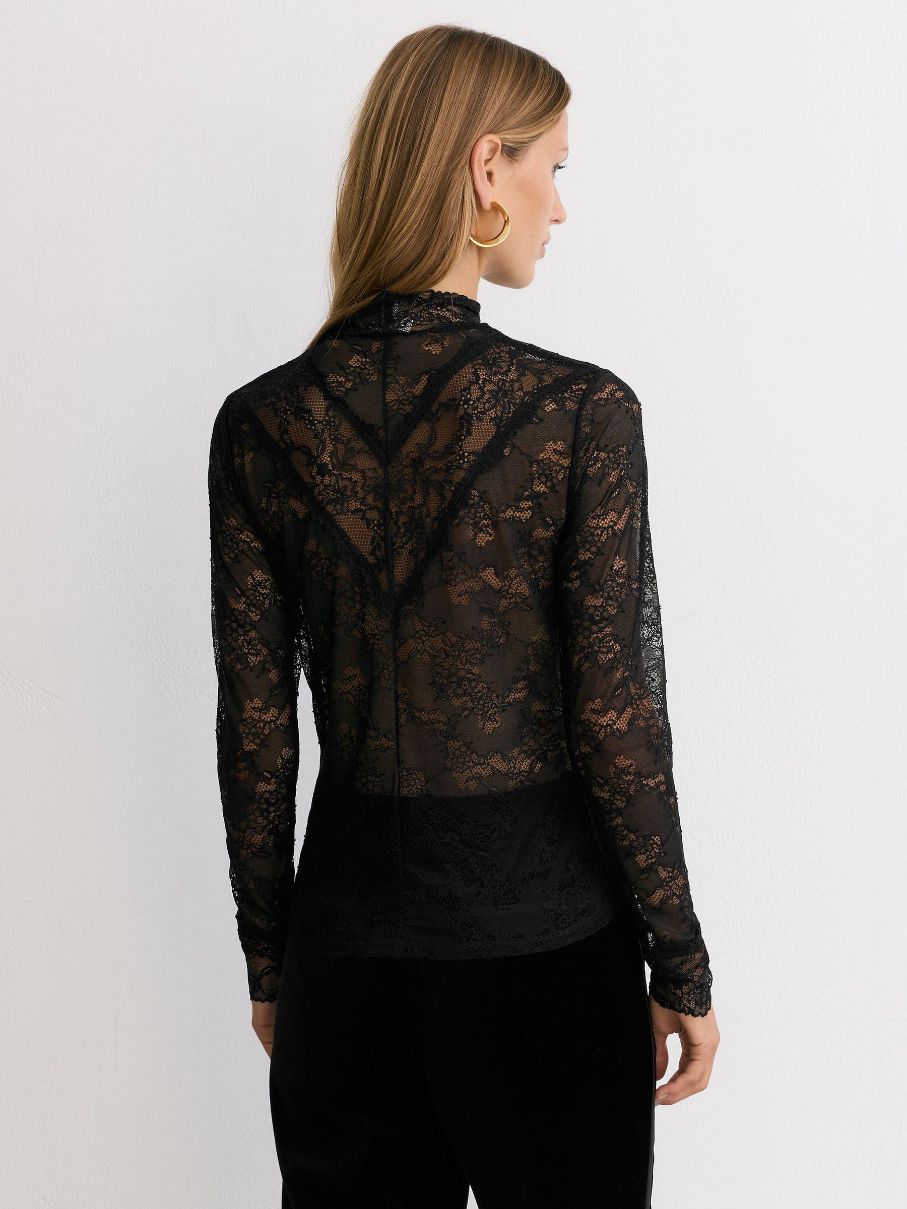 Lace Long-Sleeve High-Neck Top in Black - Image 6 of 7