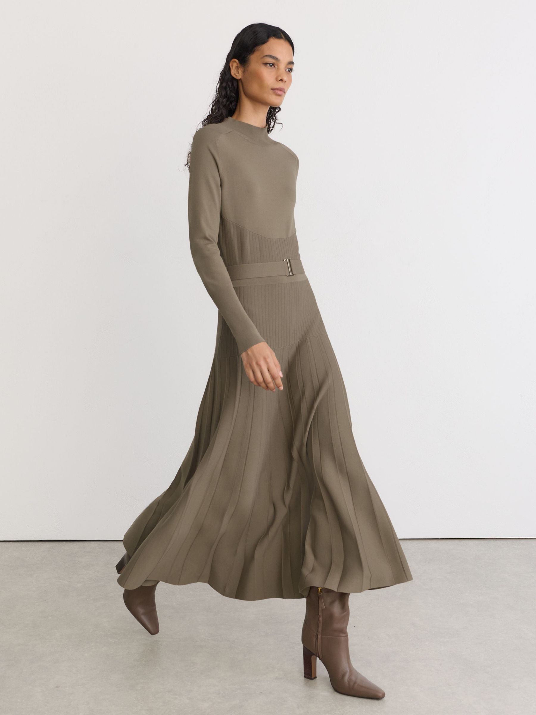 Belted Pleated Knit Midi Dress in Neutral - Image 1 of 8 Belted Pleated Knit Midi Dress in Neutral - Image 1 of 8