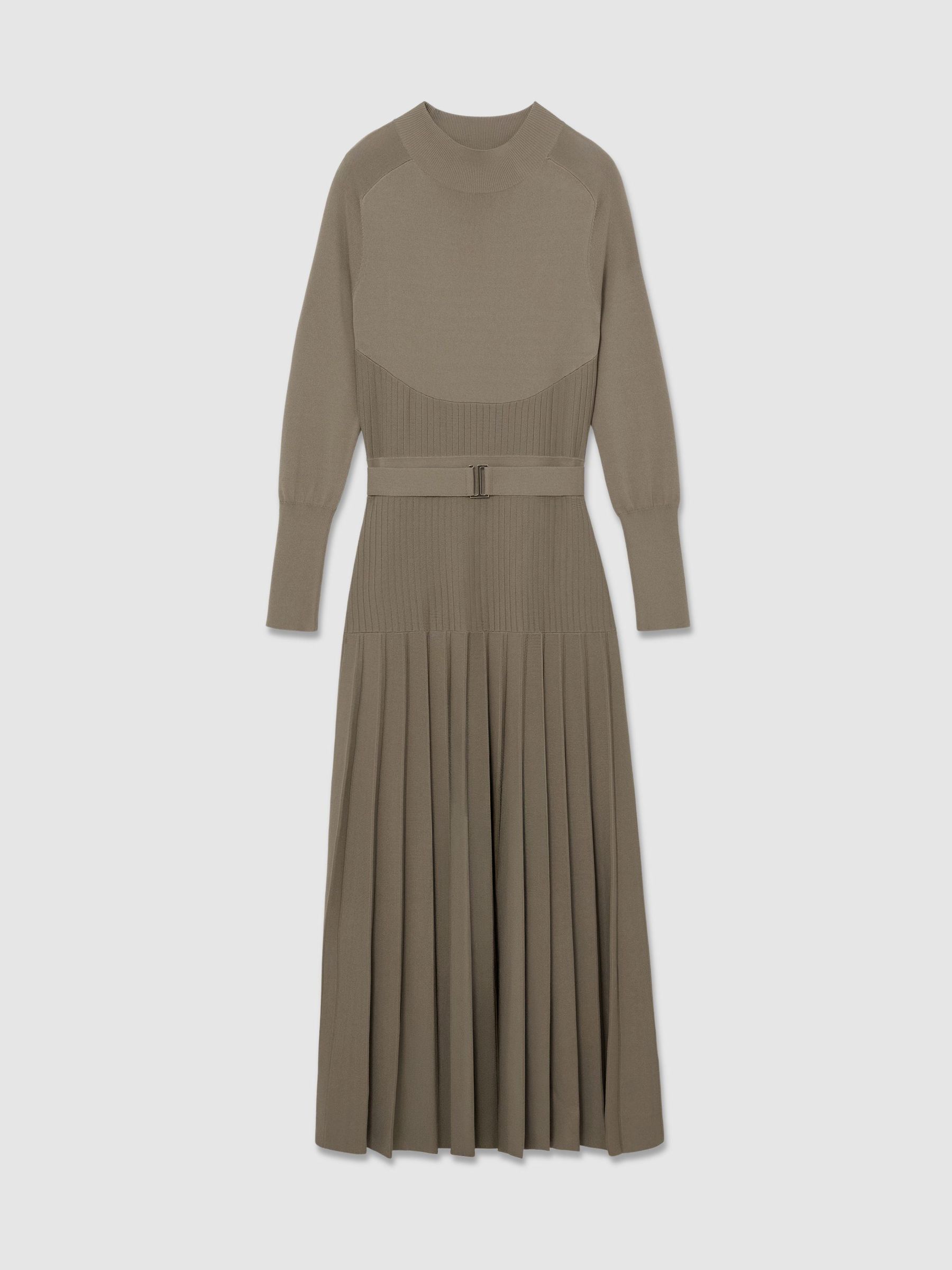 Belted Pleated Knit Midi Dress in Neutral - Image 2 of 8
