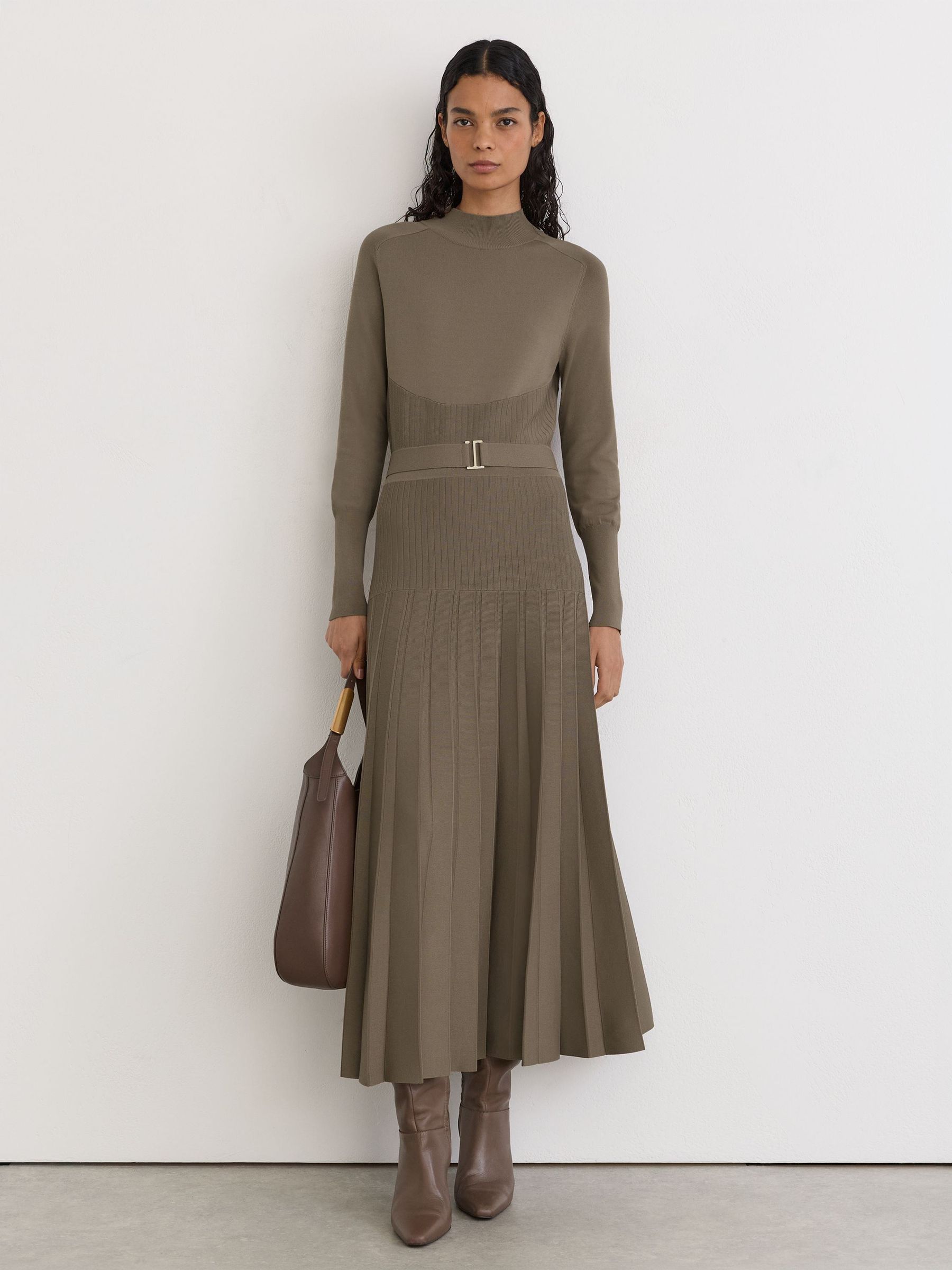 Belted Pleated Knit Midi Dress in Neutral - Image 3 of 8