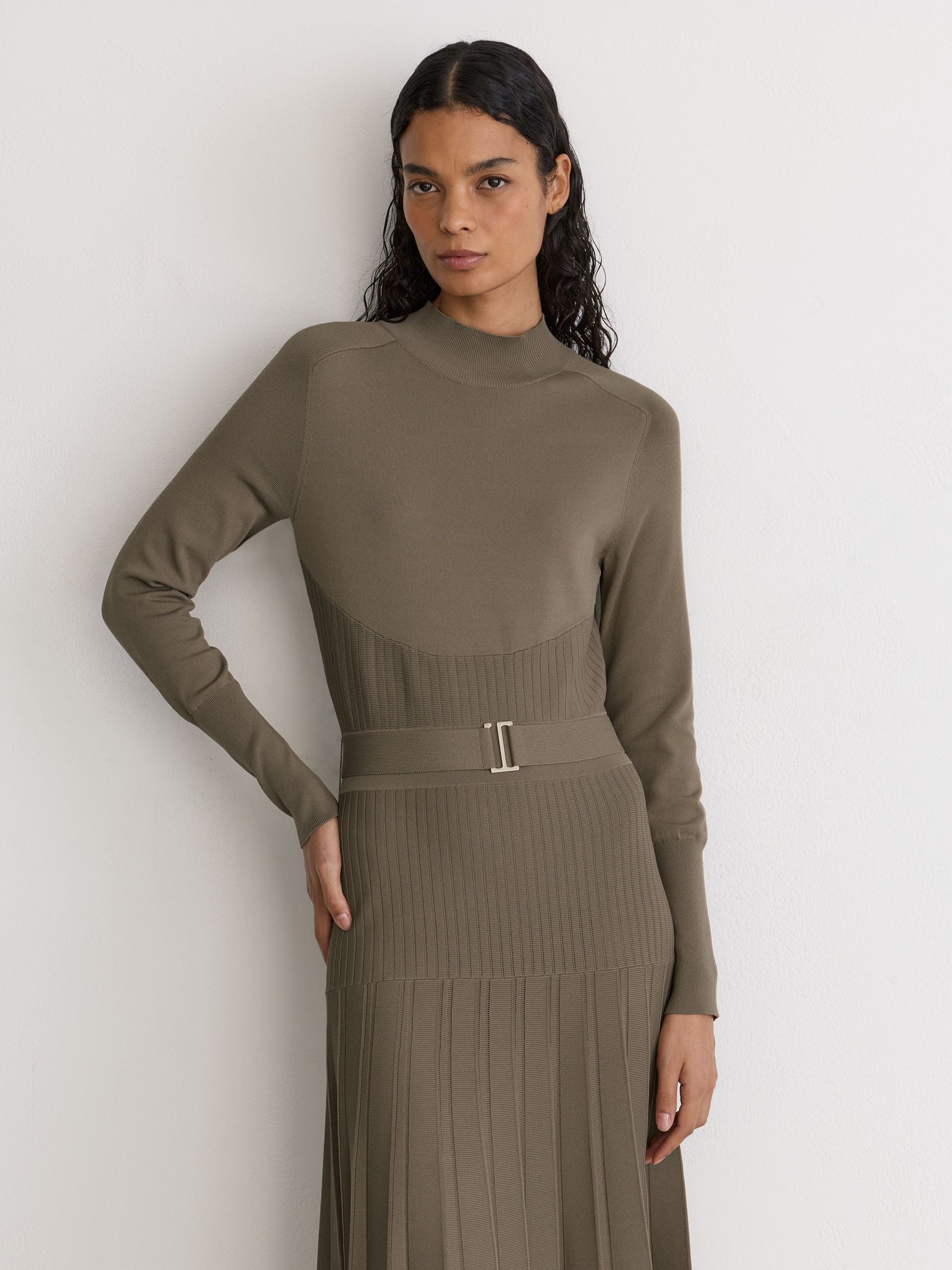 Belted Pleated Knit Midi Dress in Neutral - Image 4 of 8