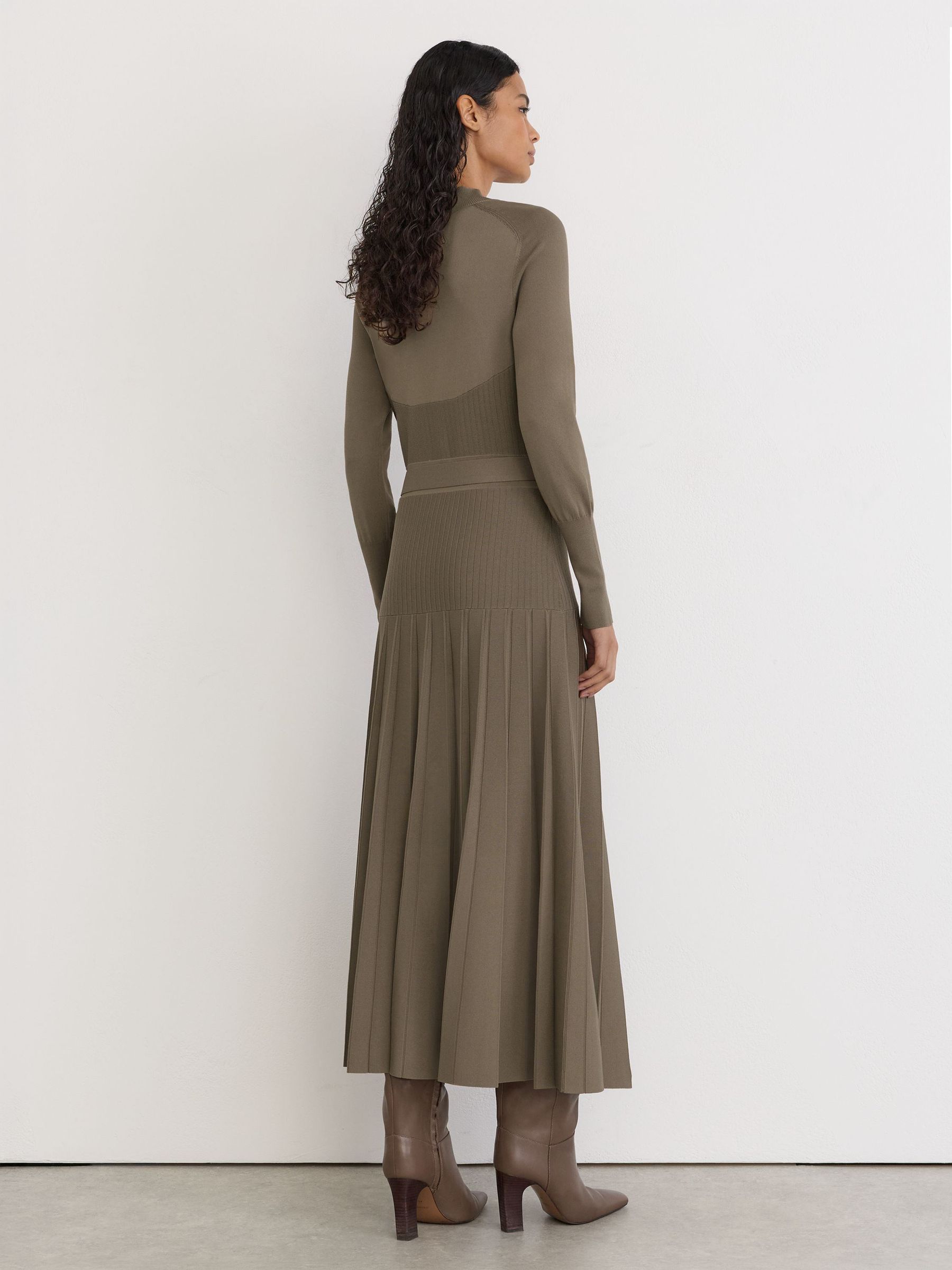 Belted Pleated Knit Midi Dress in Neutral - Image 6 of 8