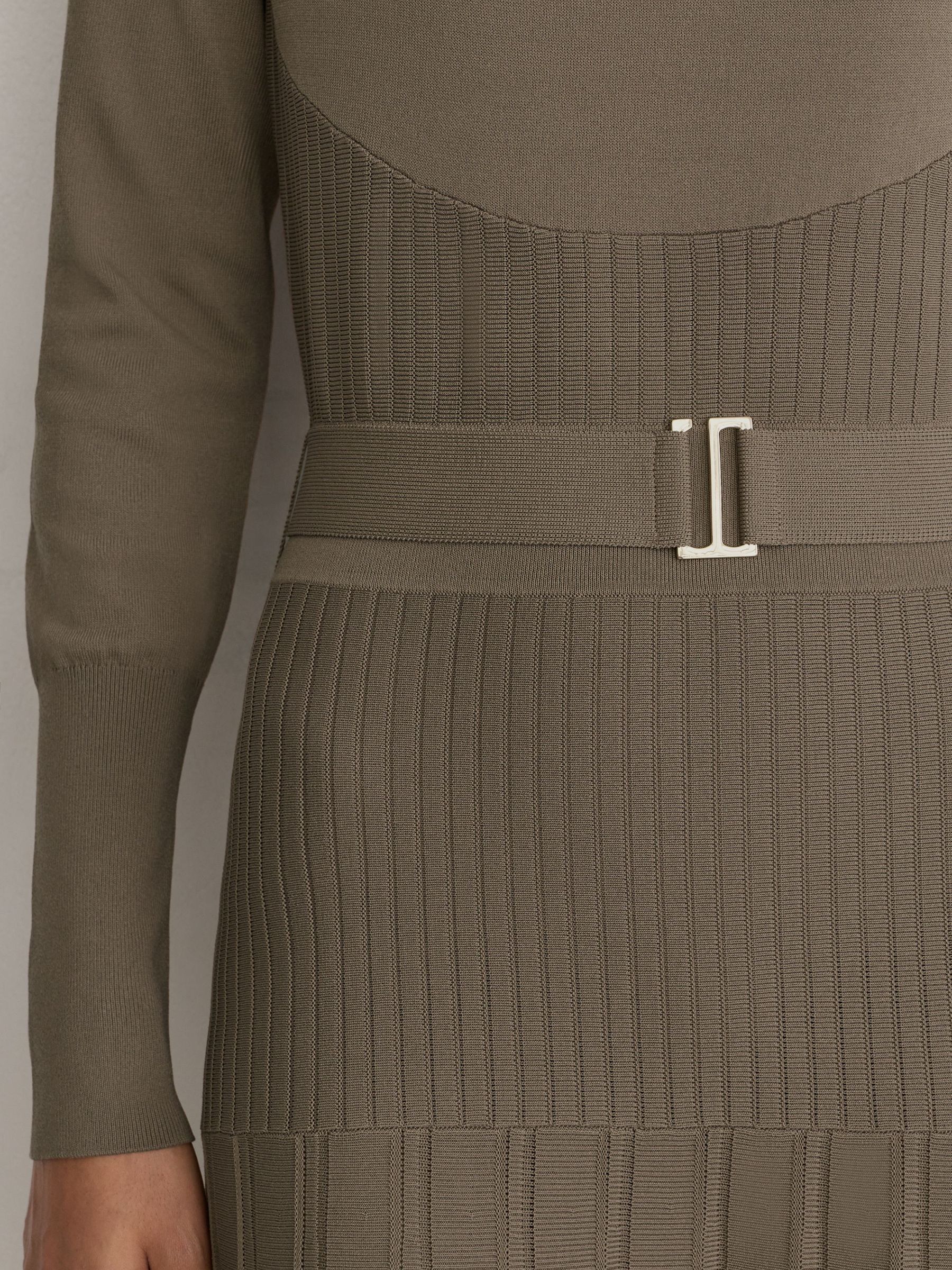 Belted Pleated Knit Midi Dress in Neutral - Image 7 of 8