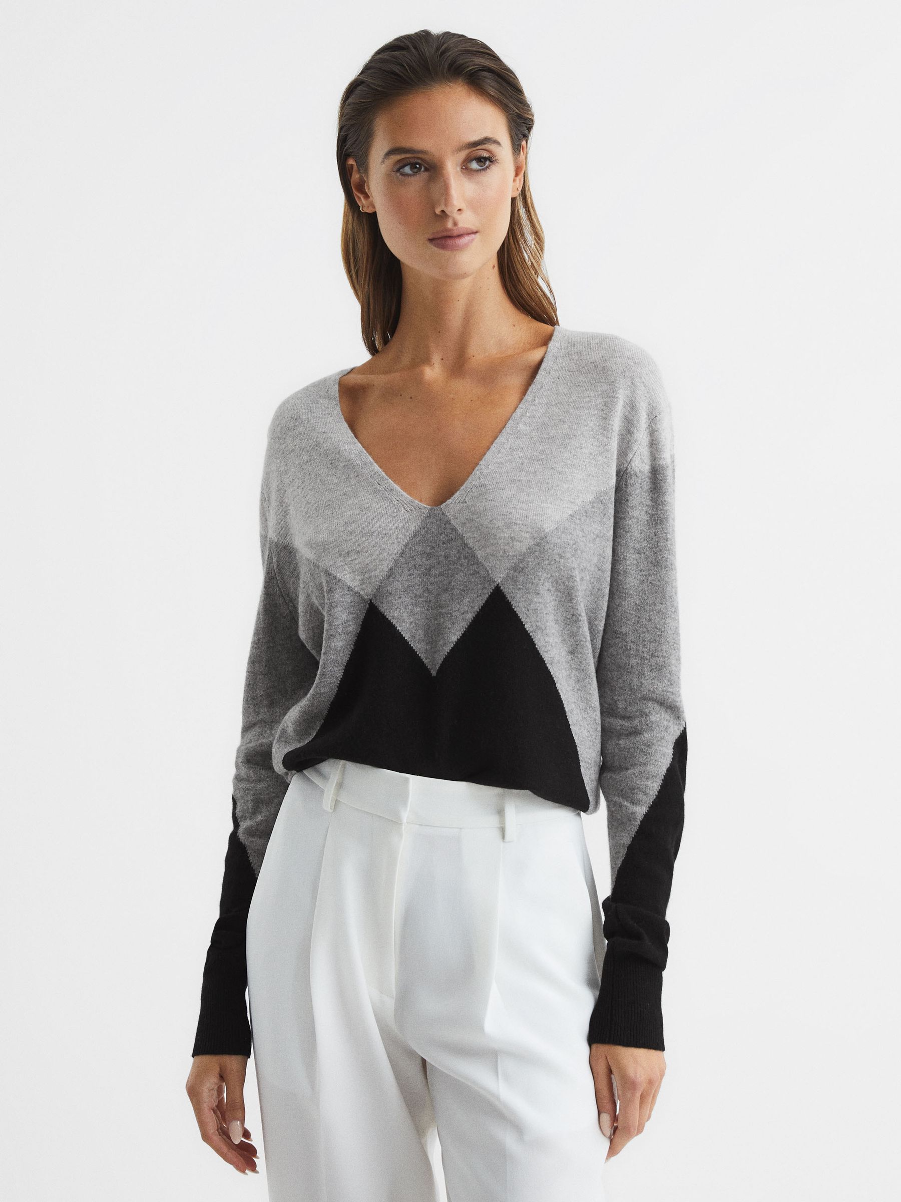 Wool Blend Argyle Jumper in Black/Grey - Image 1 of 5