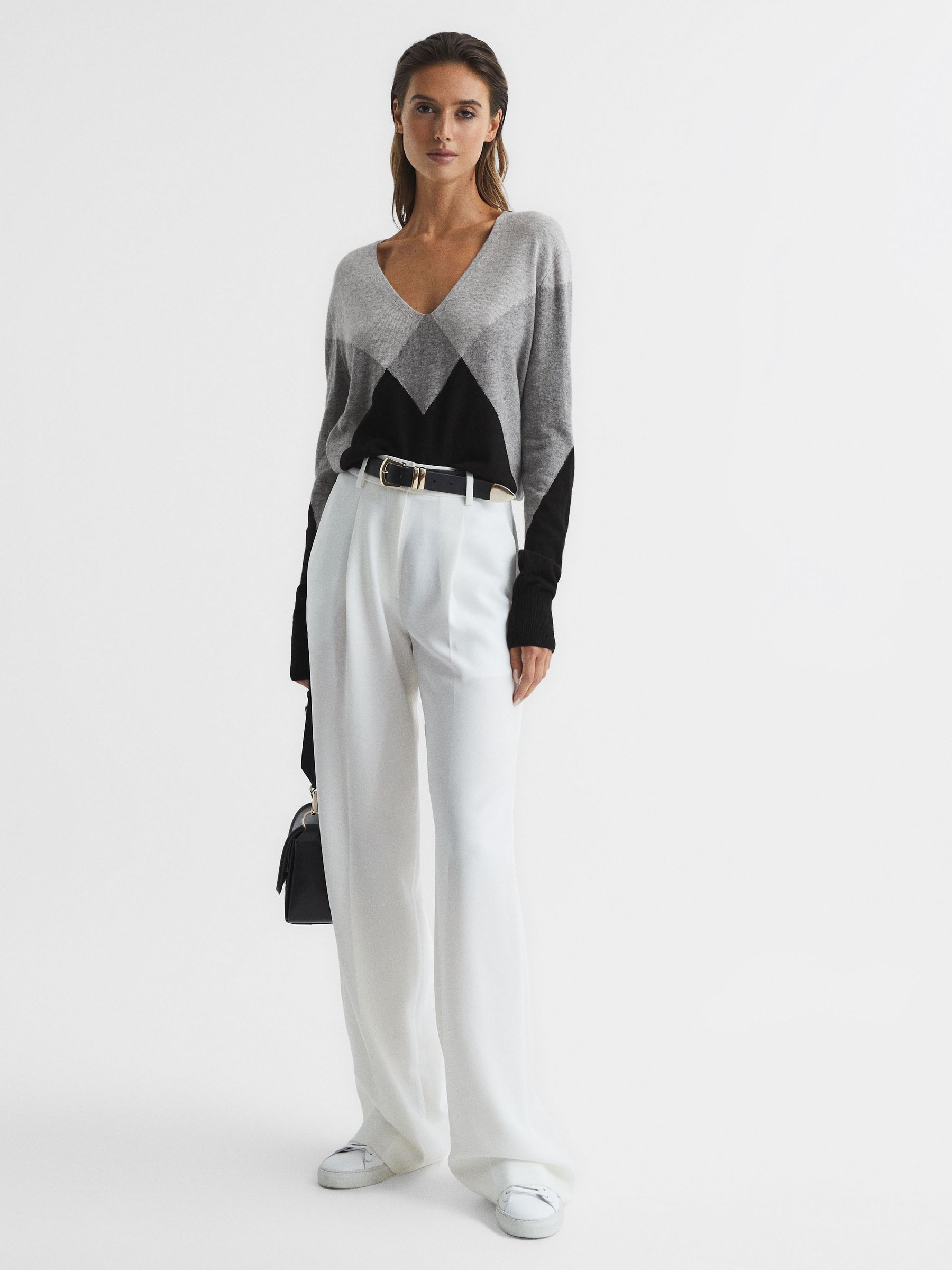 Wool Blend Argyle Jumper in Black/Grey - Image 3 of 5