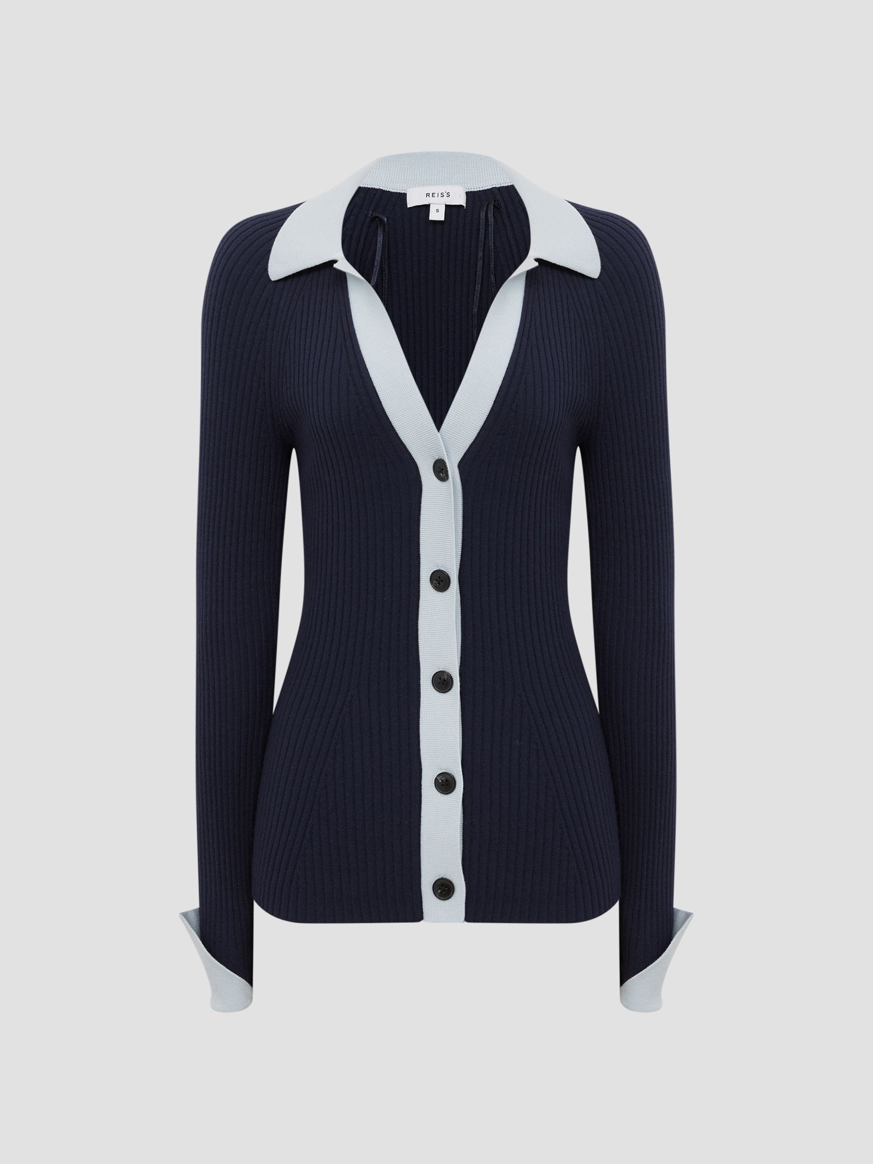 Rib-Knitted Cardigan in Blue/Navy - Image 2 of 8