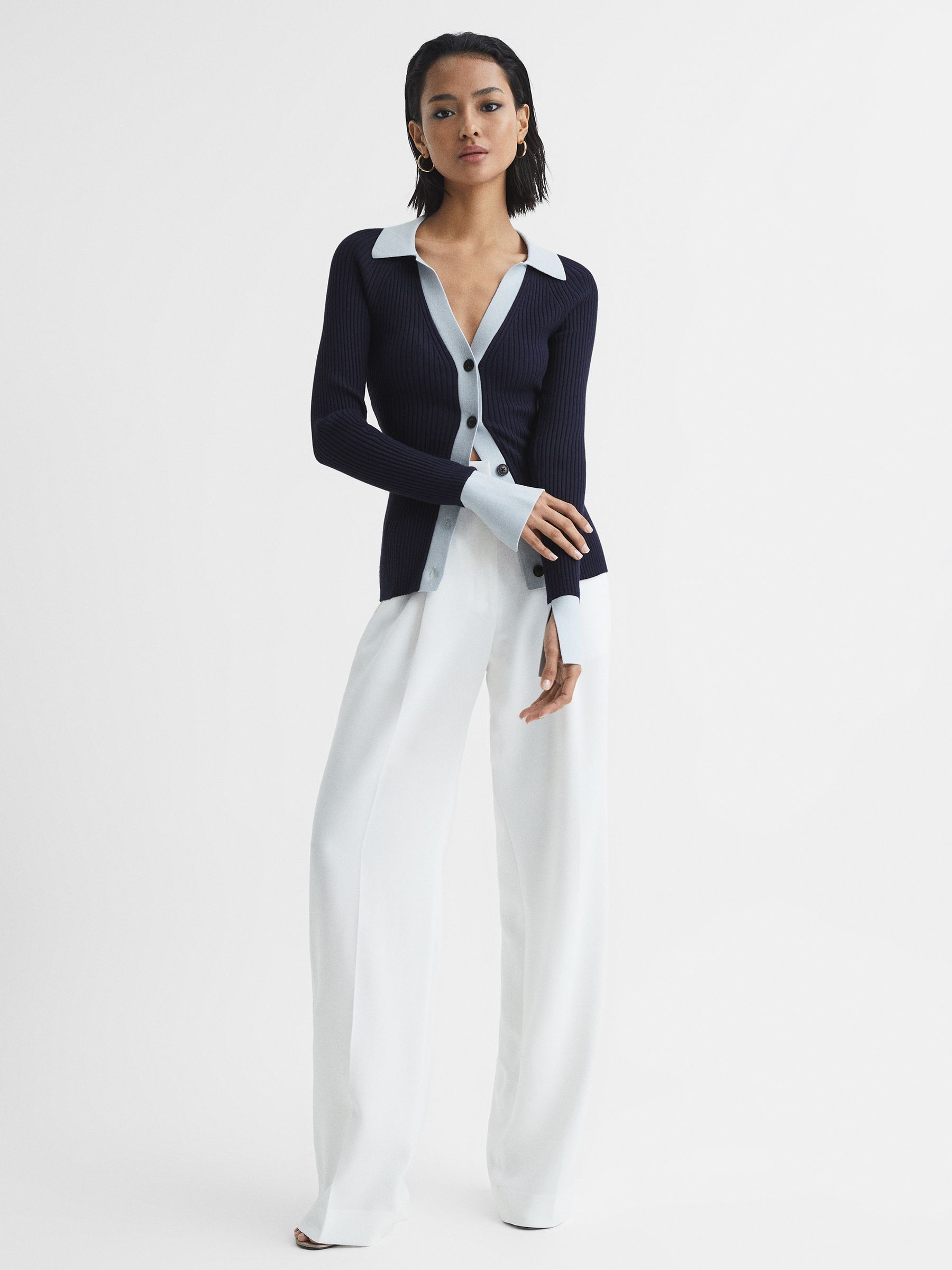 Rib-Knitted Cardigan in Blue/Navy - Image 3 of 8