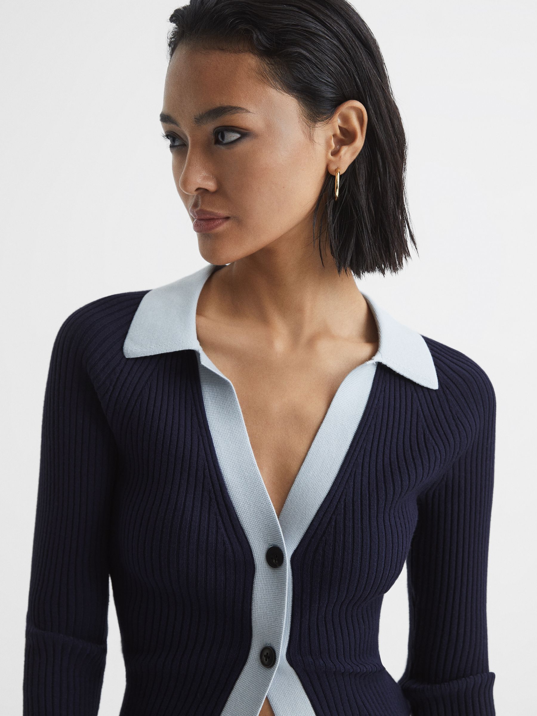 Rib-Knitted Cardigan in Blue/Navy - Image 4 of 8