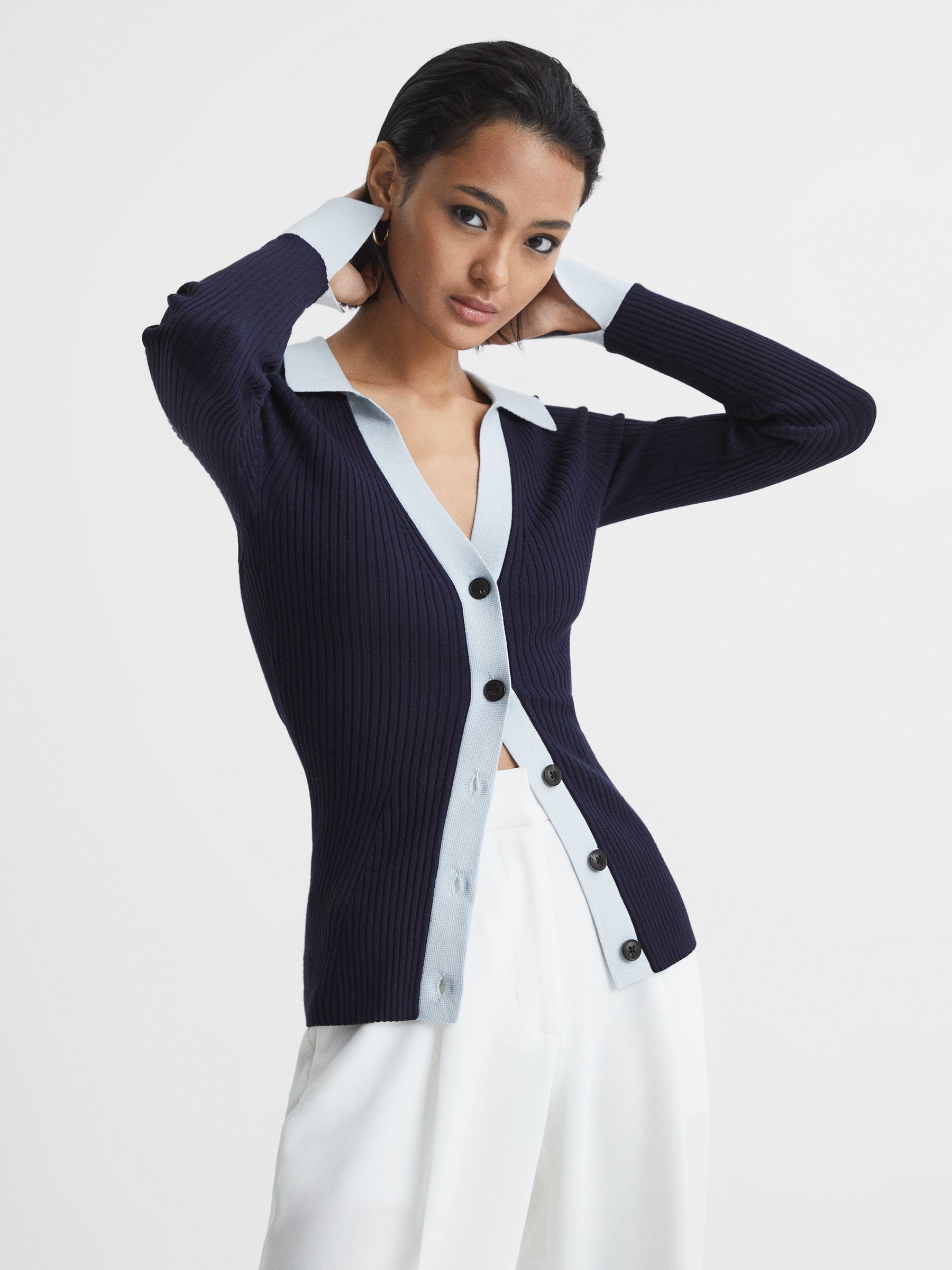 Rib-Knitted Cardigan in Blue/Navy - Image 6 of 8
