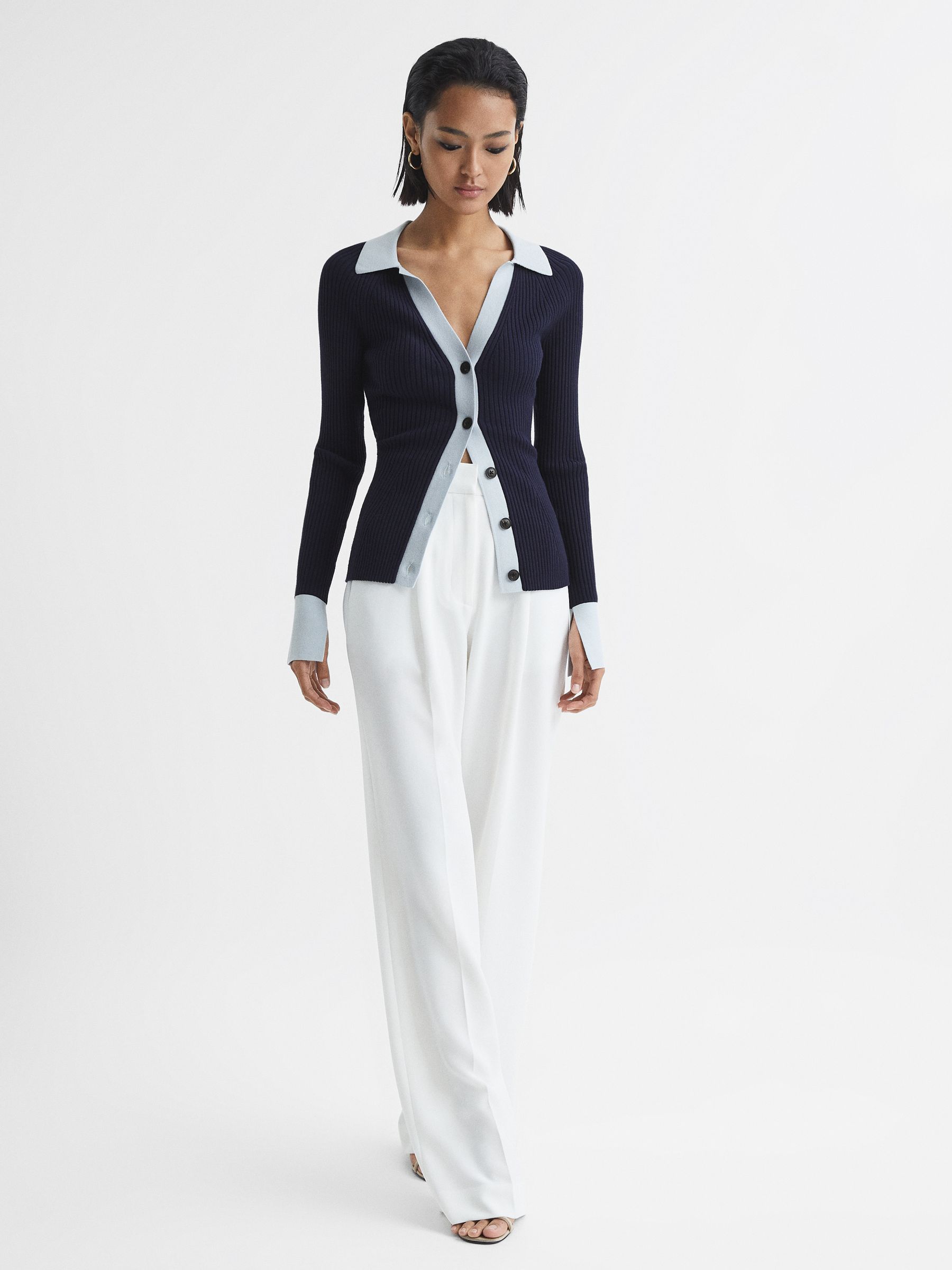 Rib-Knitted Cardigan in Blue/Navy - Image 7 of 8