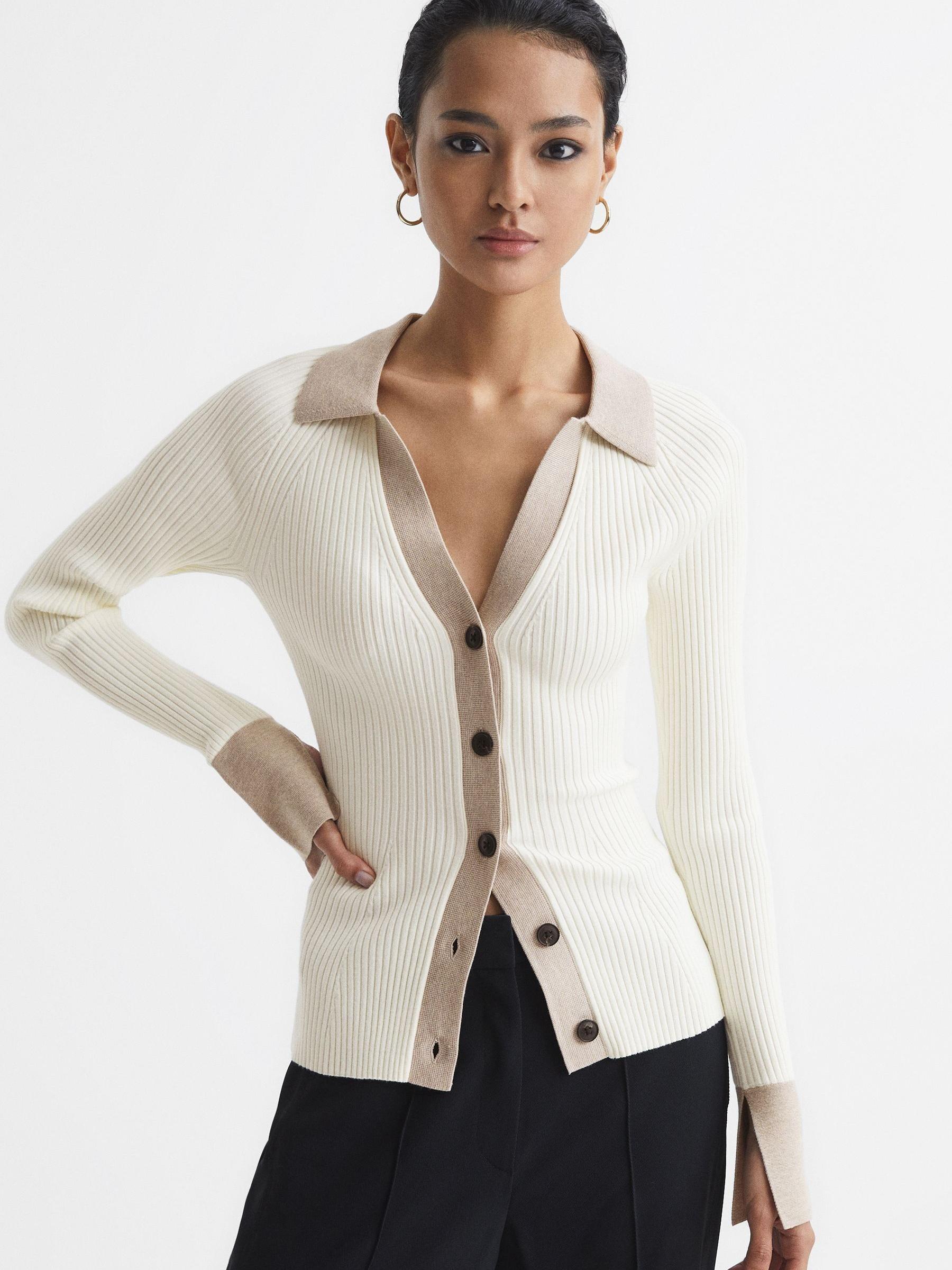 Rib-Knitted Cardigan in Camel/Cream - Image 1 of 7