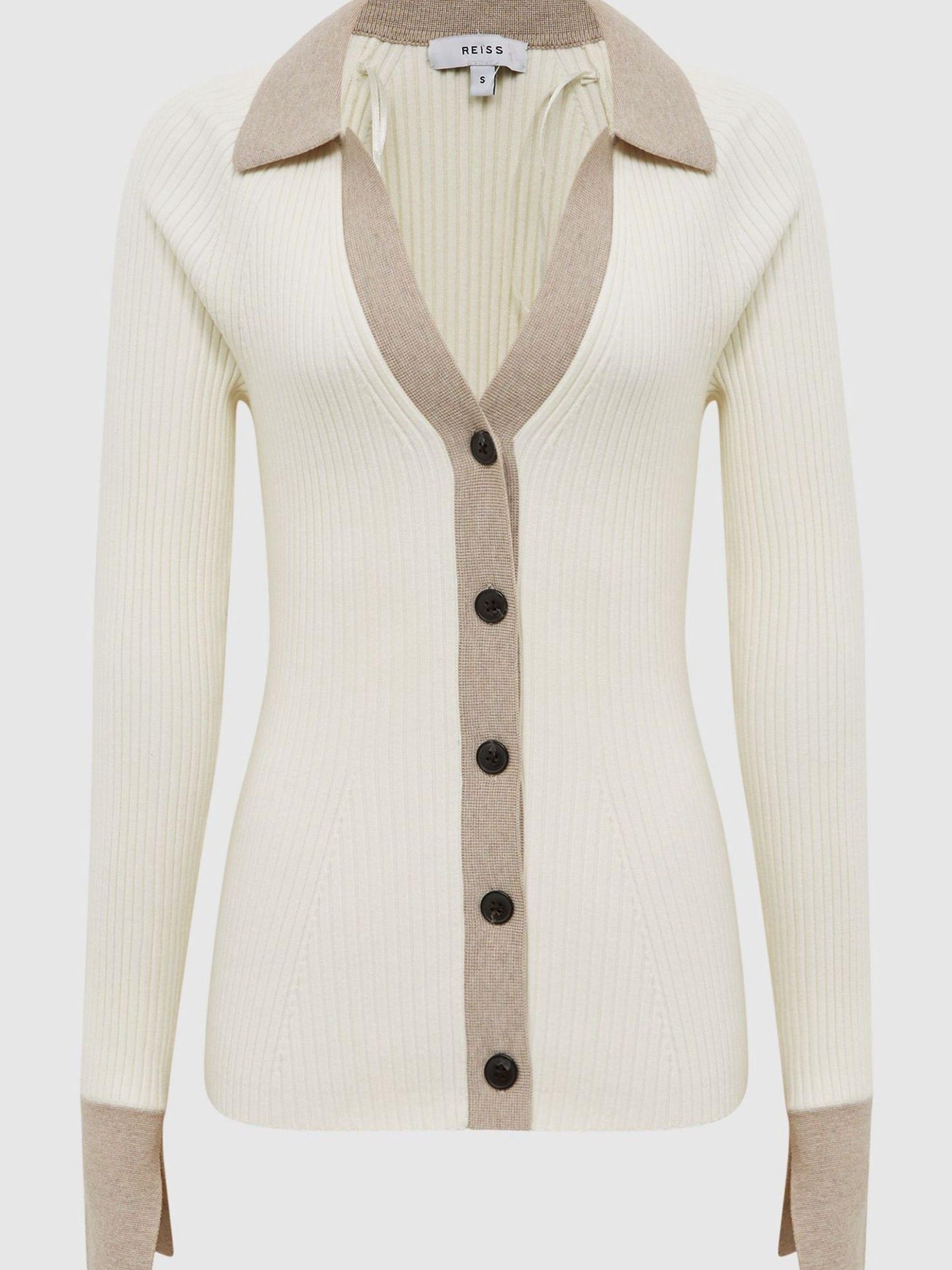 Rib-Knitted Cardigan in Camel/Cream - Image 2 of 7