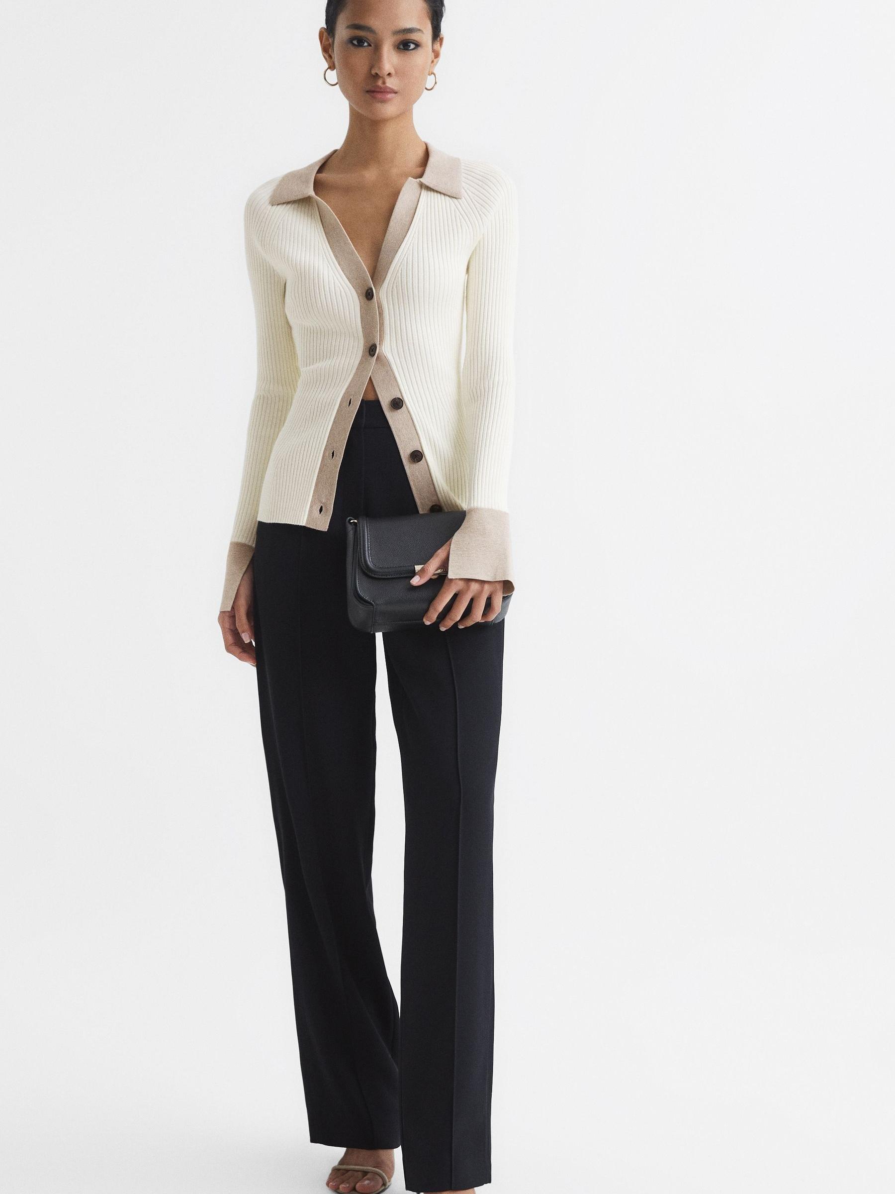 Rib-Knitted Cardigan in Camel/Cream - Image 3 of 7