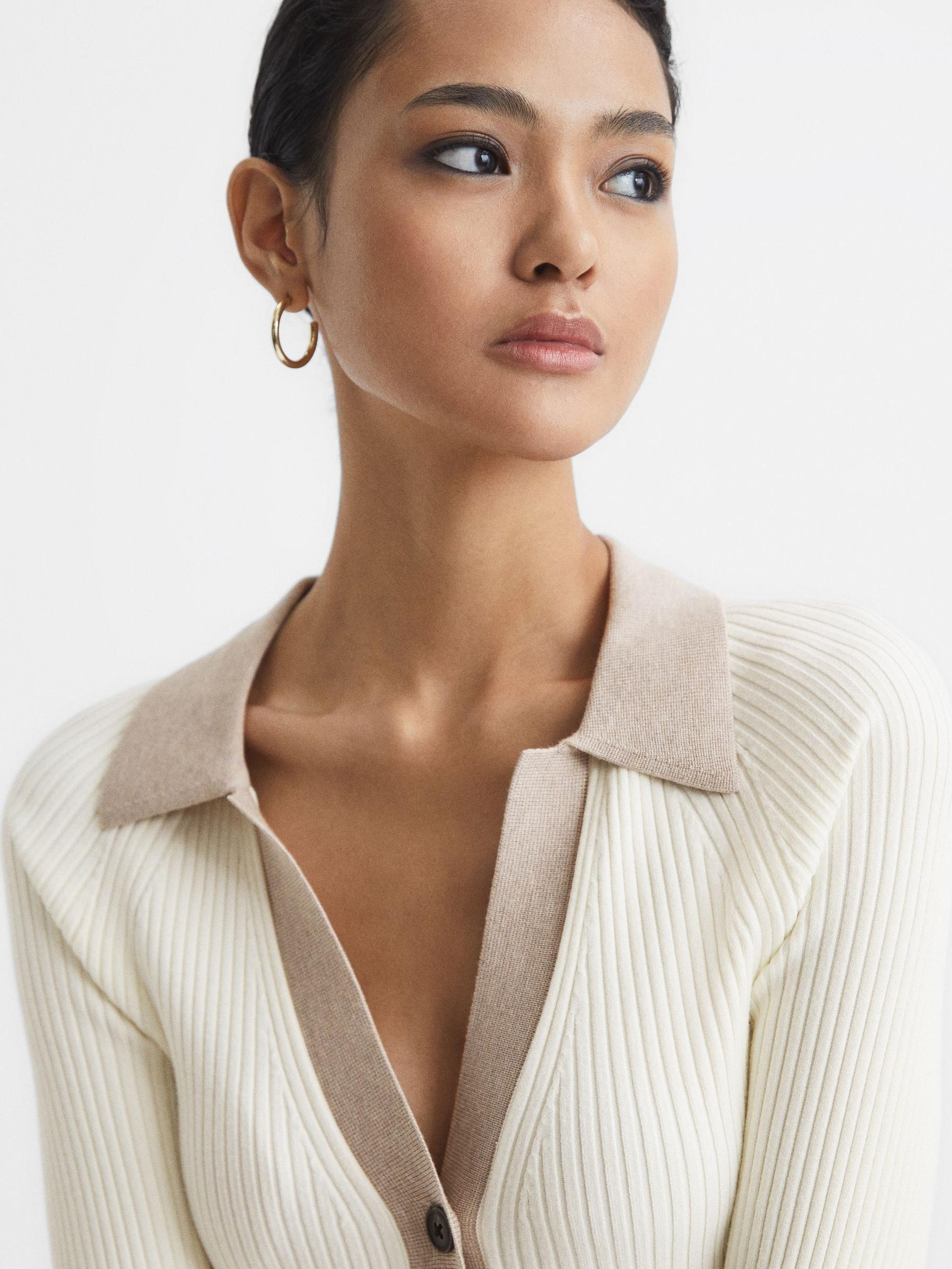 Rib-Knitted Cardigan in Camel/Cream - Image 4 of 7