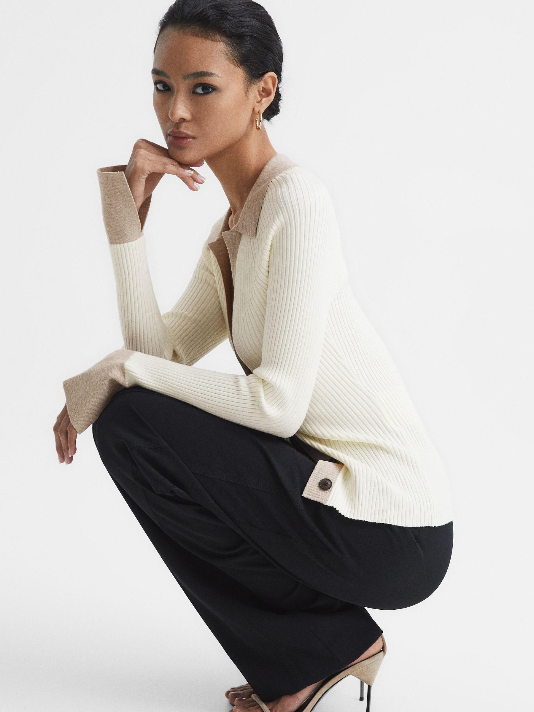 Rib-Knitted Cardigan in Camel/Cream - Image 6 of 7