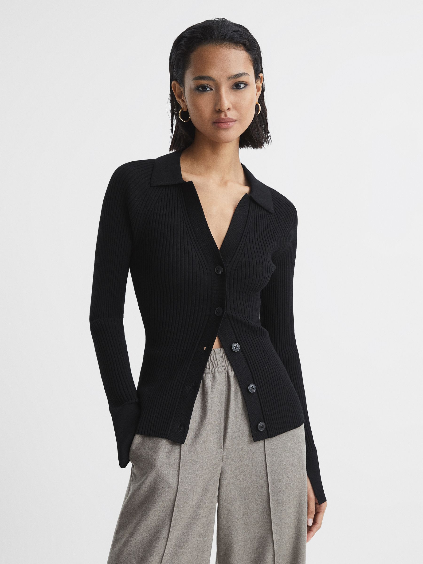Rib-Knitted Cardigan in Black - Image 1 of 6