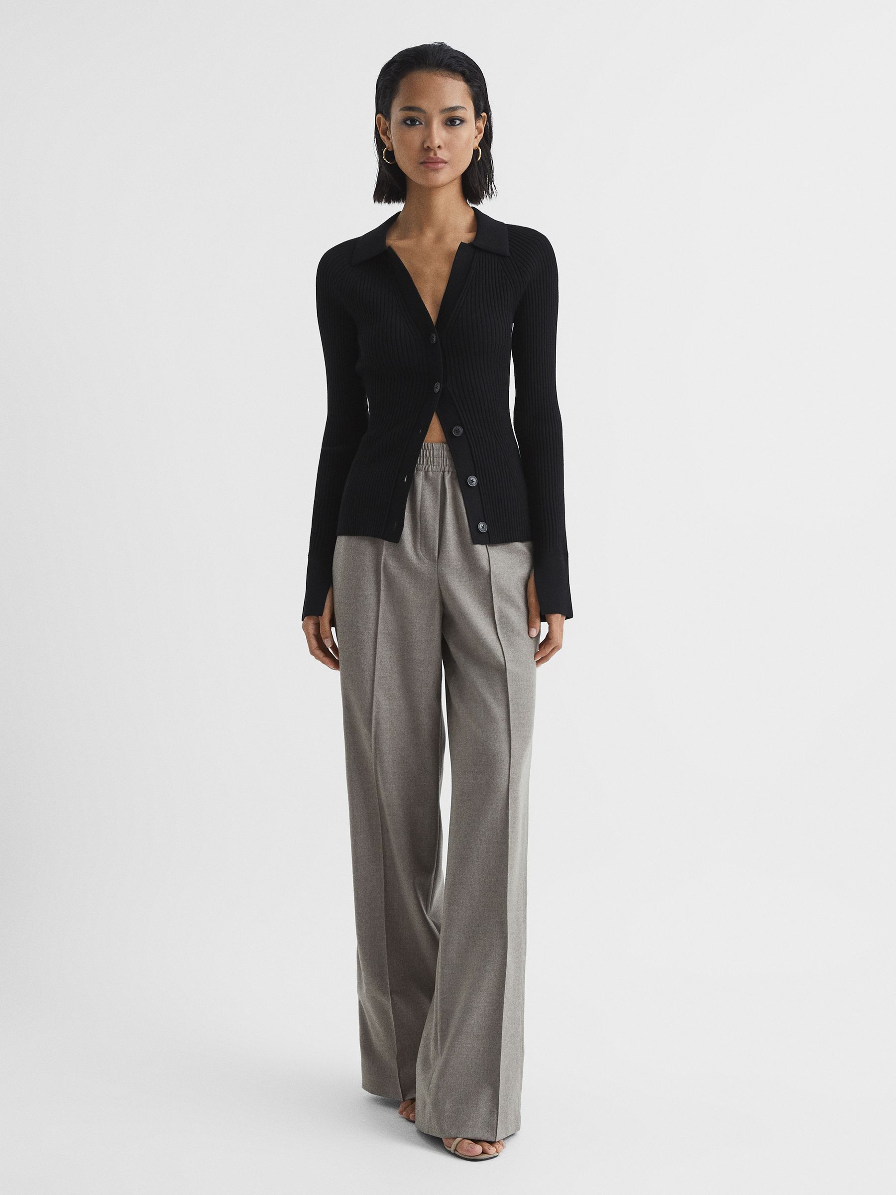 Rib-Knitted Cardigan in Black - Image 2 of 6