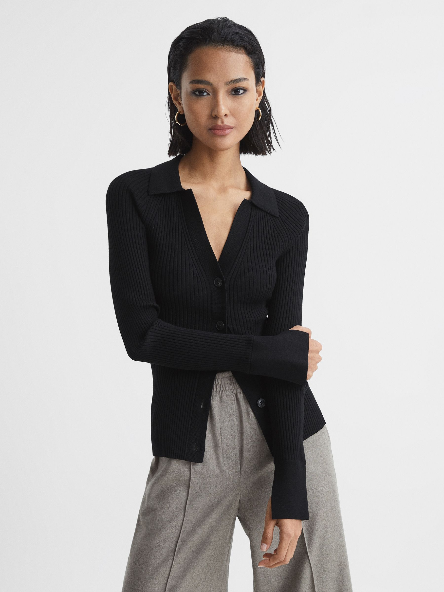Rib-Knitted Cardigan in Black - Image 5 of 6