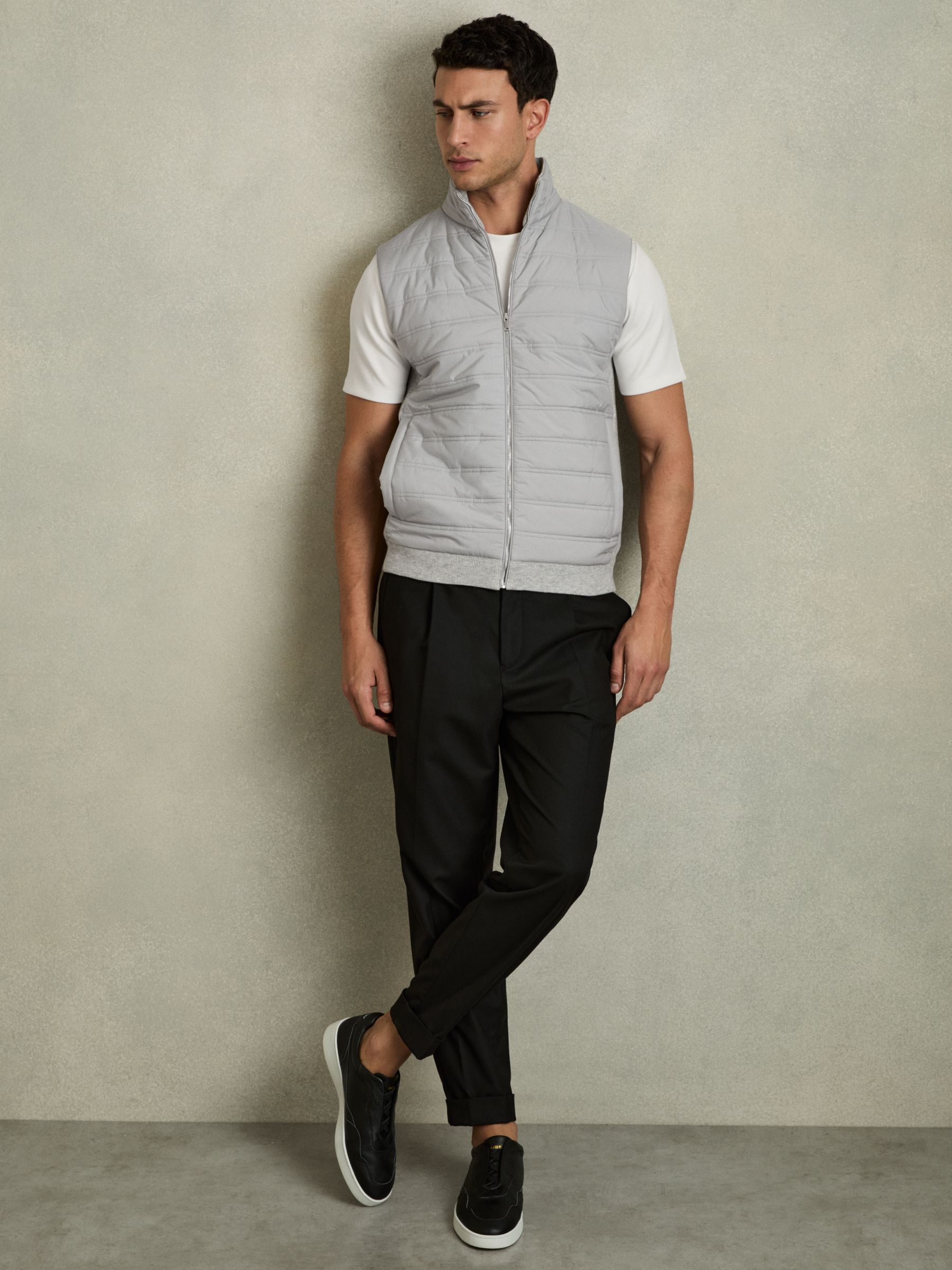 Hybrid Quilt and Knit Zip-Through Gilet in Soft Grey - Image 1 of 7