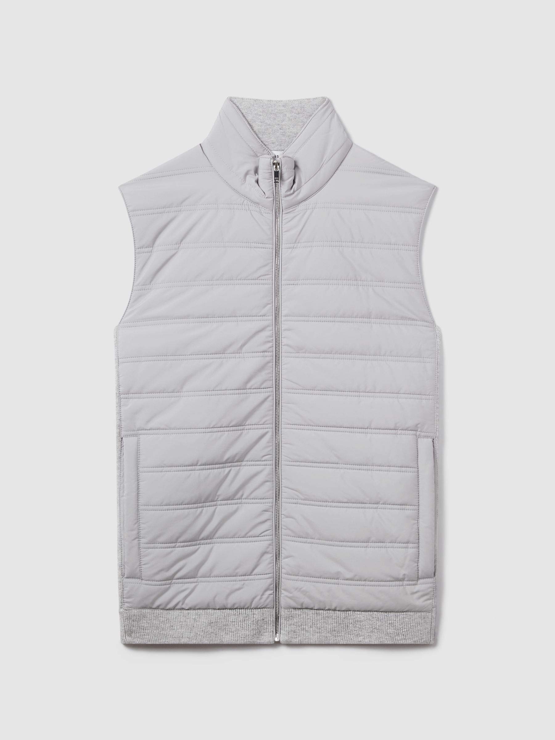 Hybrid Quilt and Knit Zip-Through Gilet in Soft Grey - Image 2 of 7