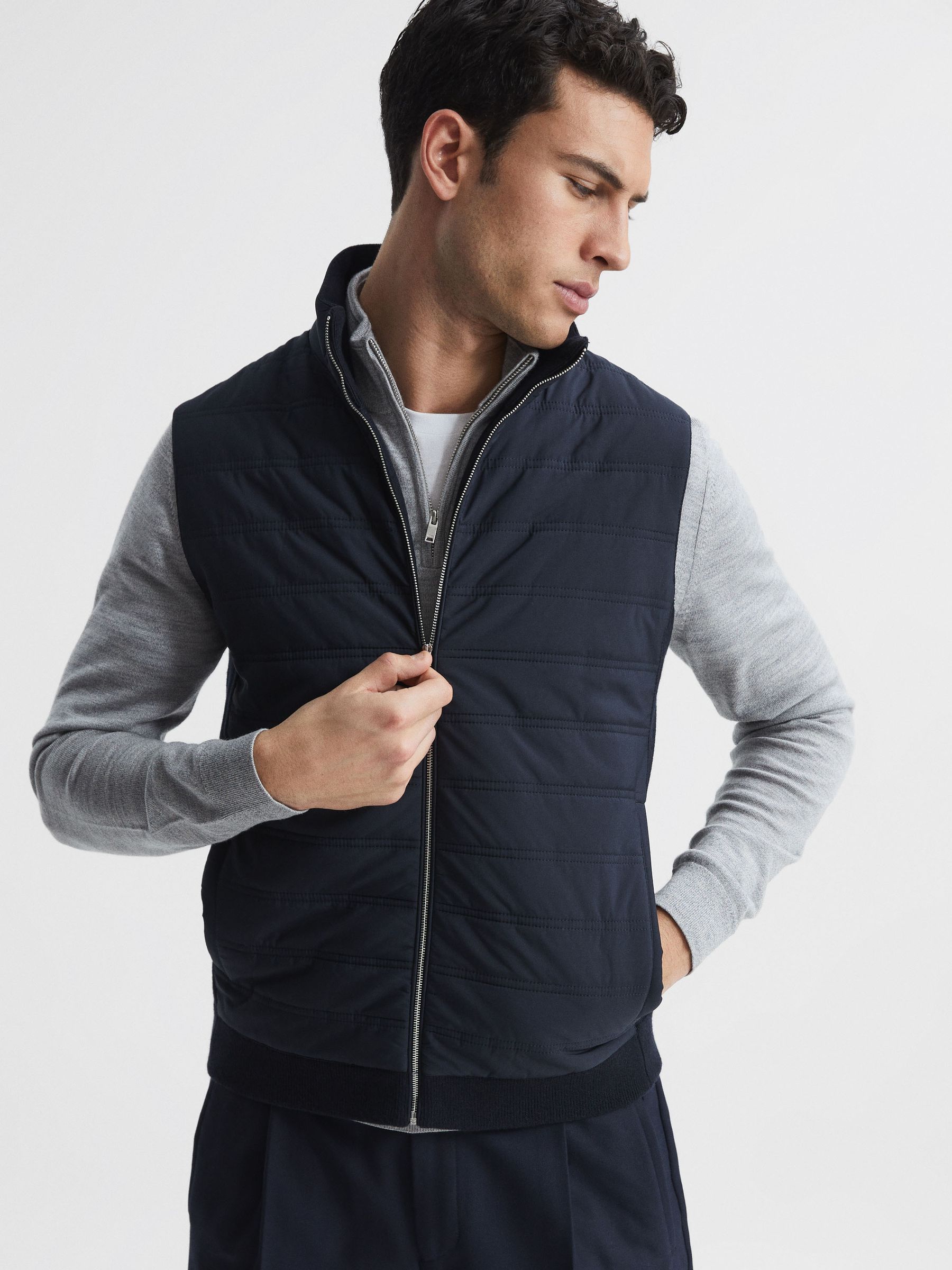 Hybrid Quilt and Knit Zip-Through Gilet in Navy - Image 1 of 6