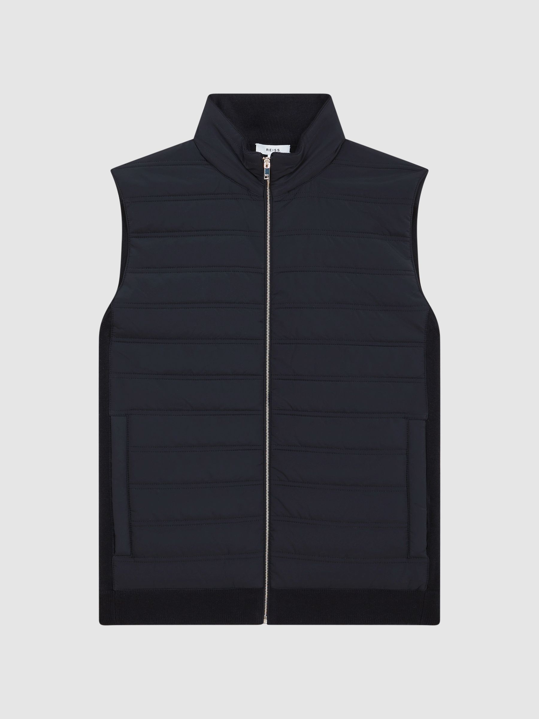 Hybrid Quilt and Knit Zip-Through Gilet in Navy - Image 2 of 6