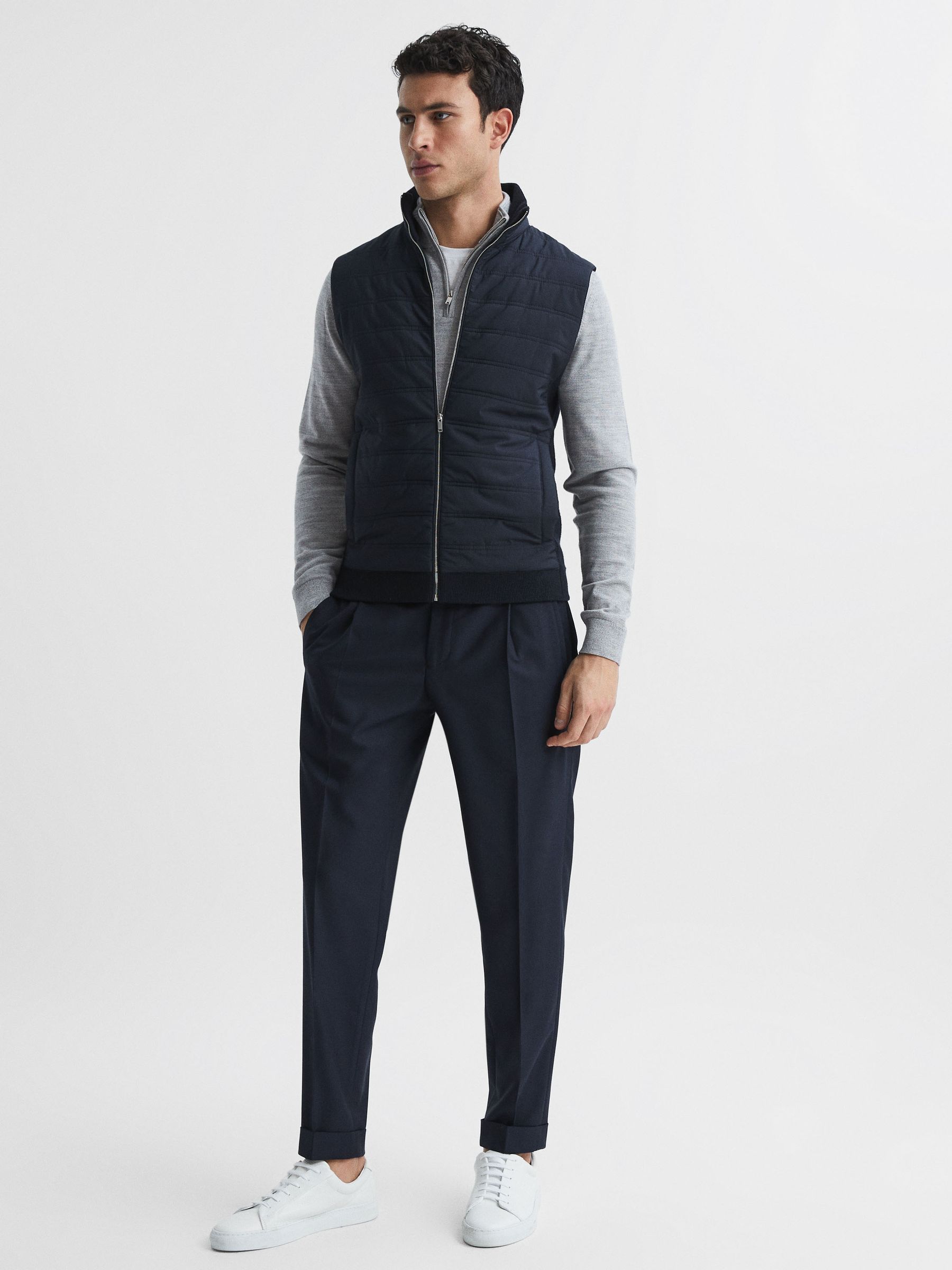 Hybrid Quilt and Knit Zip-Through Gilet in Navy - Image 3 of 6
