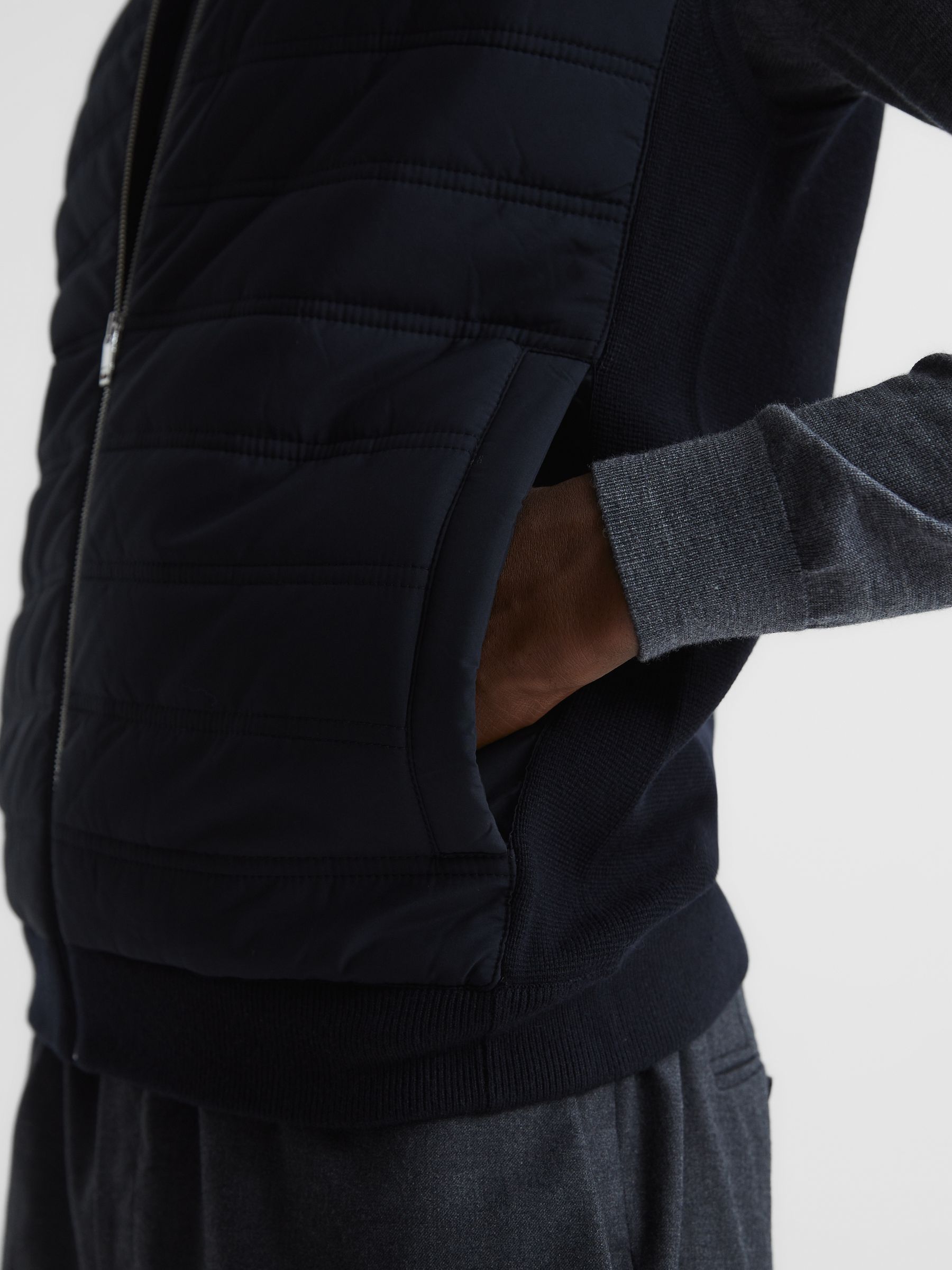 Hybrid Quilt and Knit Zip-Through Gilet in Navy - Image 6 of 6