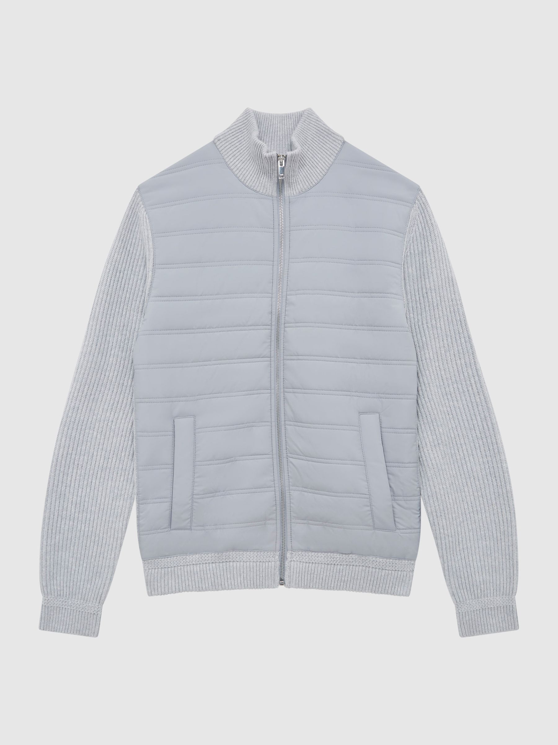 Hybrid Quilt and Knit Zip-Through Jacket in Soft Grey - Image 2 of 6