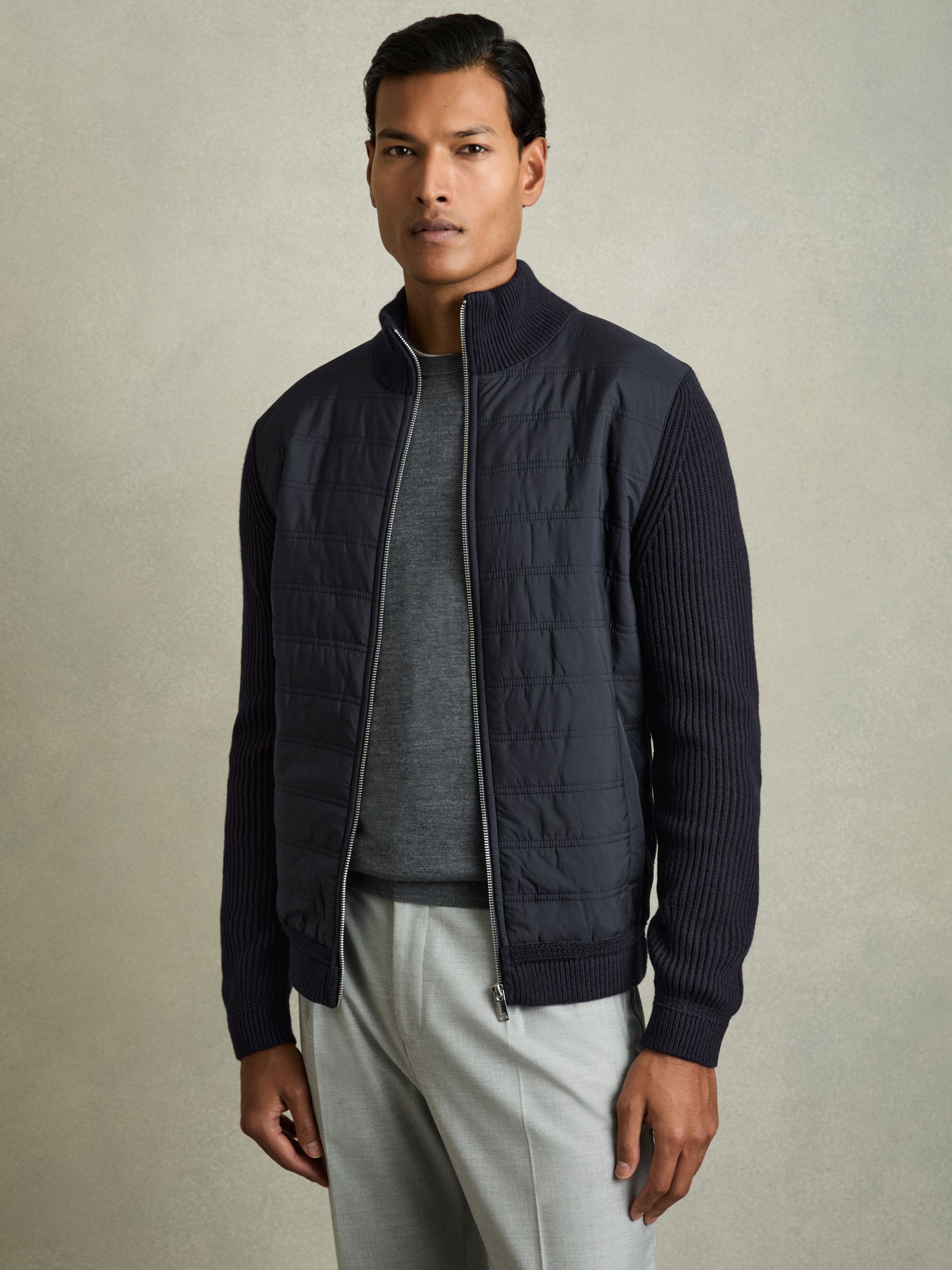 Hybrid Quilt and Knit Zip-Through Jacket in Navy - Image 1 of 7