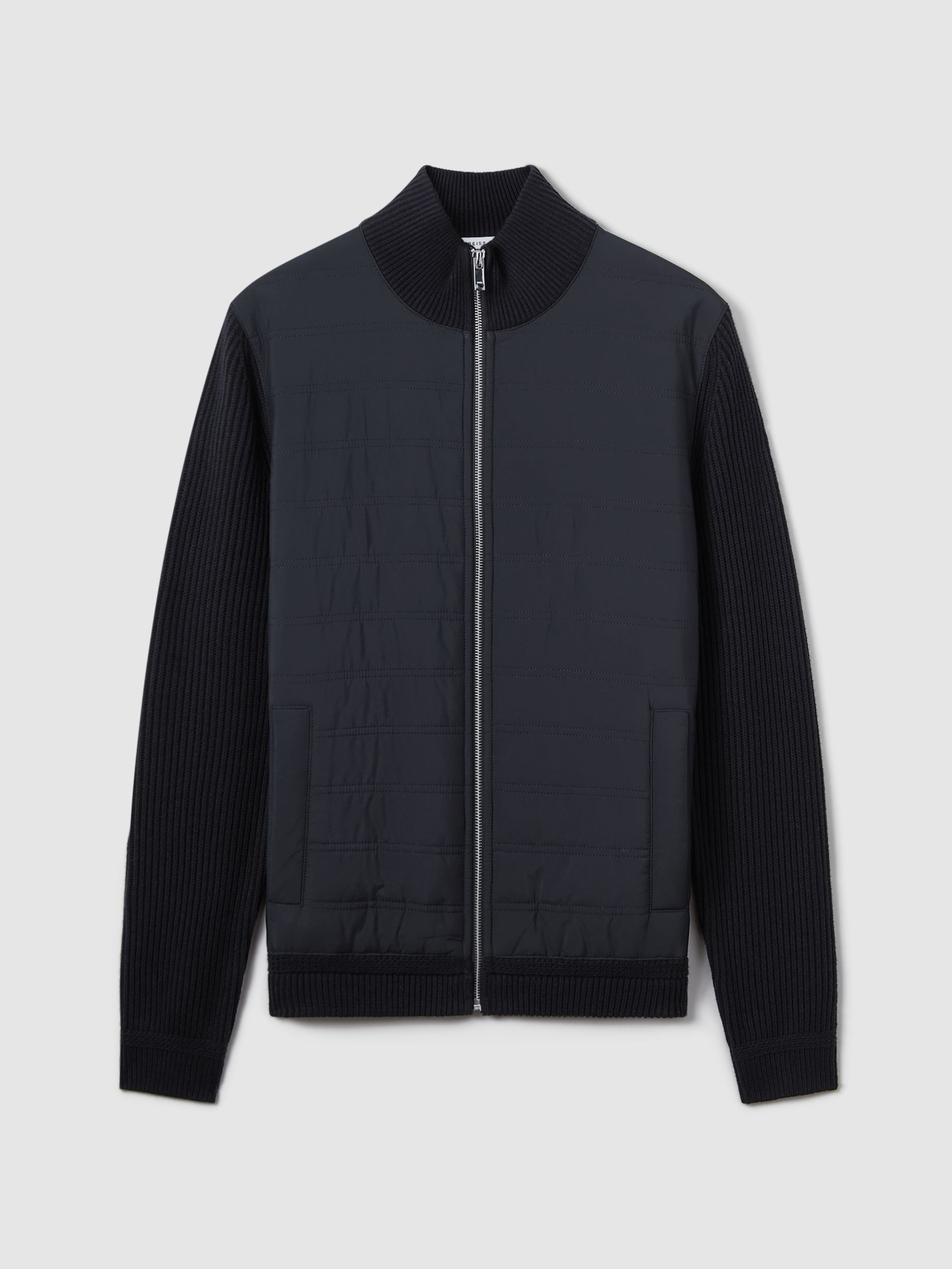 Hybrid Quilt and Knit Zip-Through Jacket in Navy - Image 2 of 7