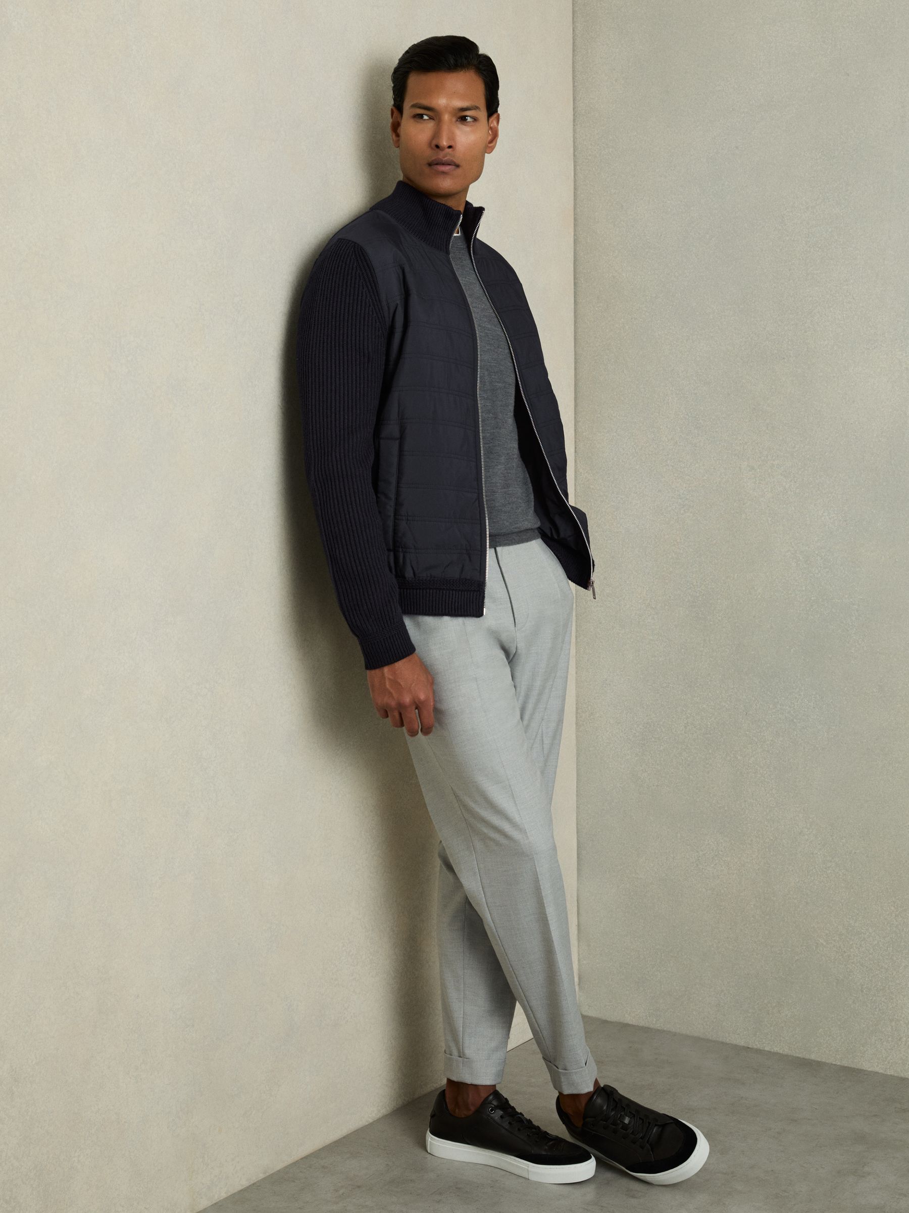 Hybrid Quilt and Knit Zip-Through Jacket in Navy - Image 3 of 7