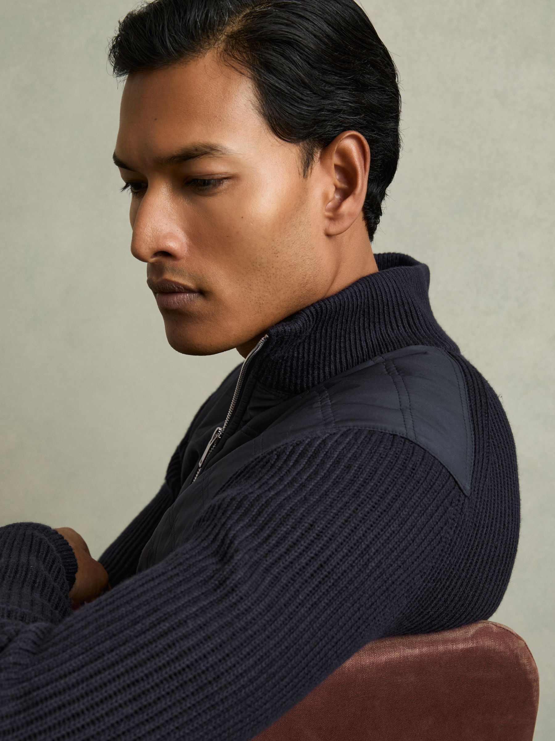 Hybrid Quilt and Knit Zip-Through Jacket in Navy - Image 4 of 7