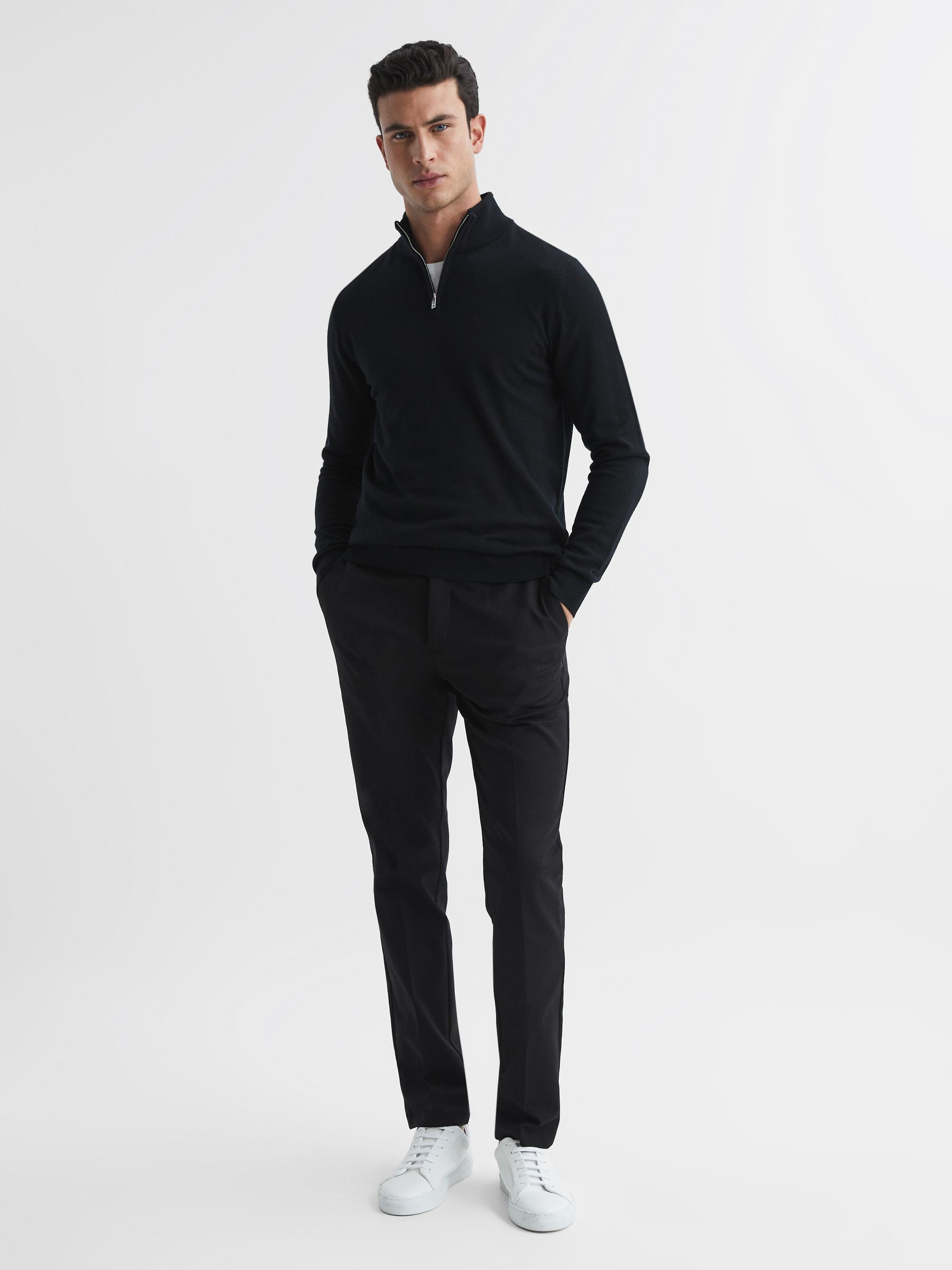 Merino Wool Half-Zip Funnel Neck Jumper in Black - Image 3 of 6