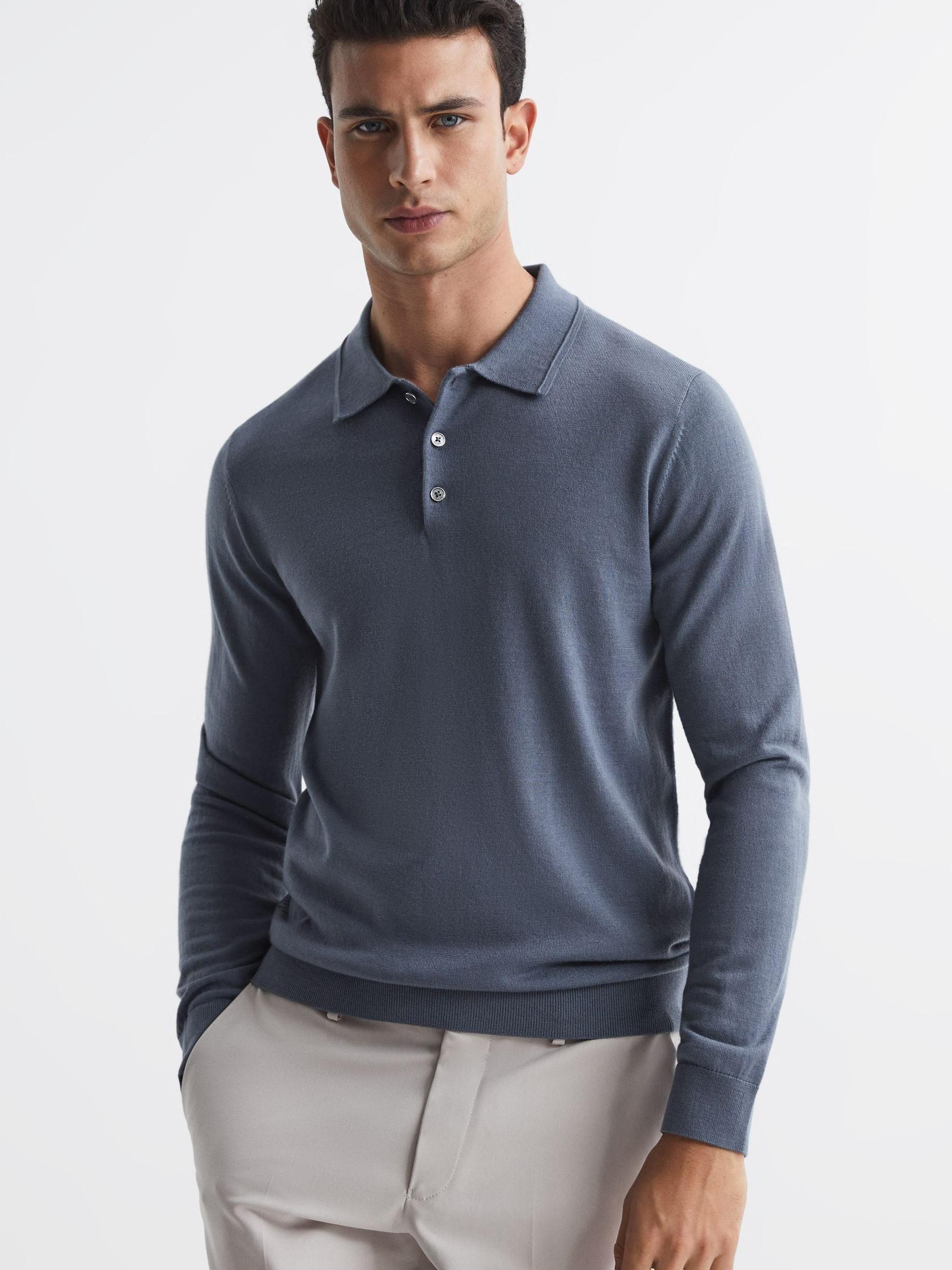 Merino Wool Polo Shirt in Nickel Blue - Image 1 of 6