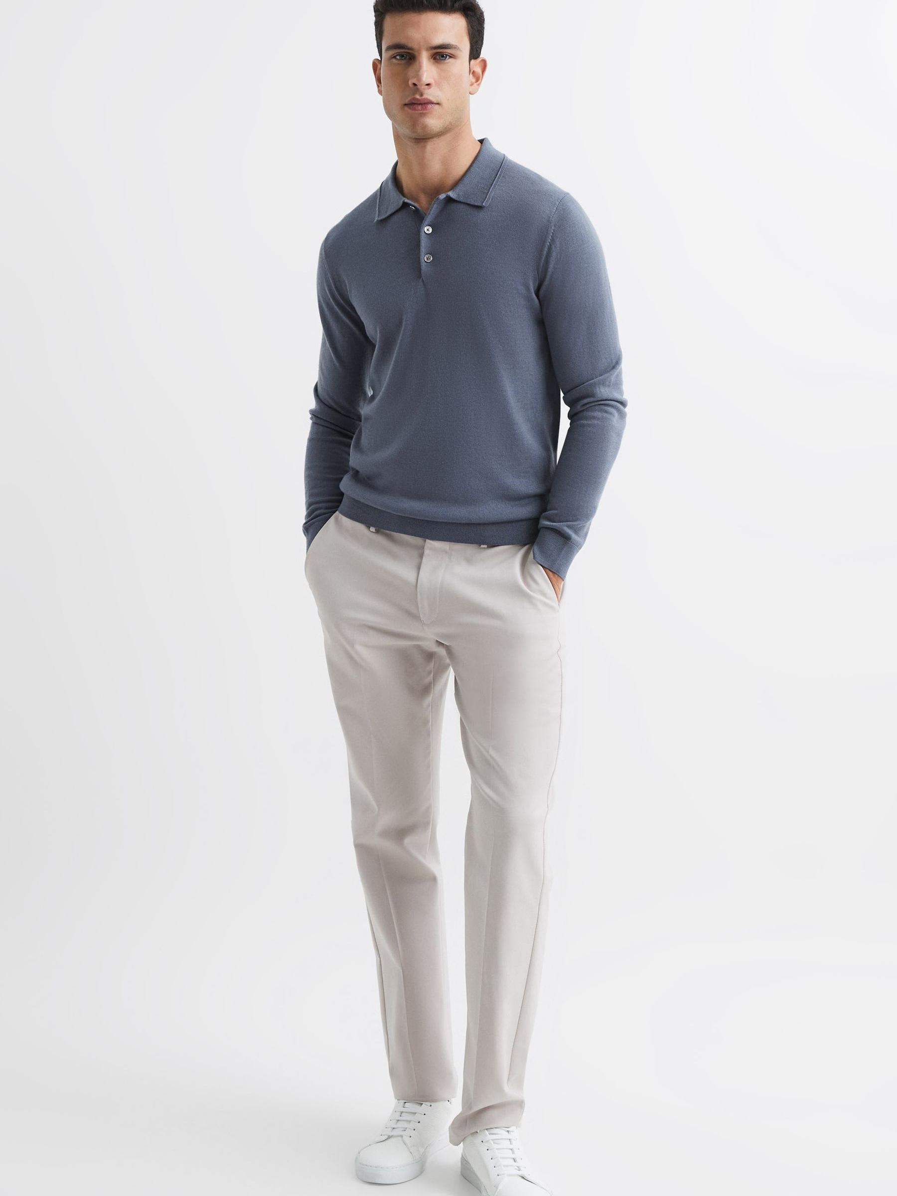 Merino Wool Polo Shirt in Nickel Blue - Image 3 of 6